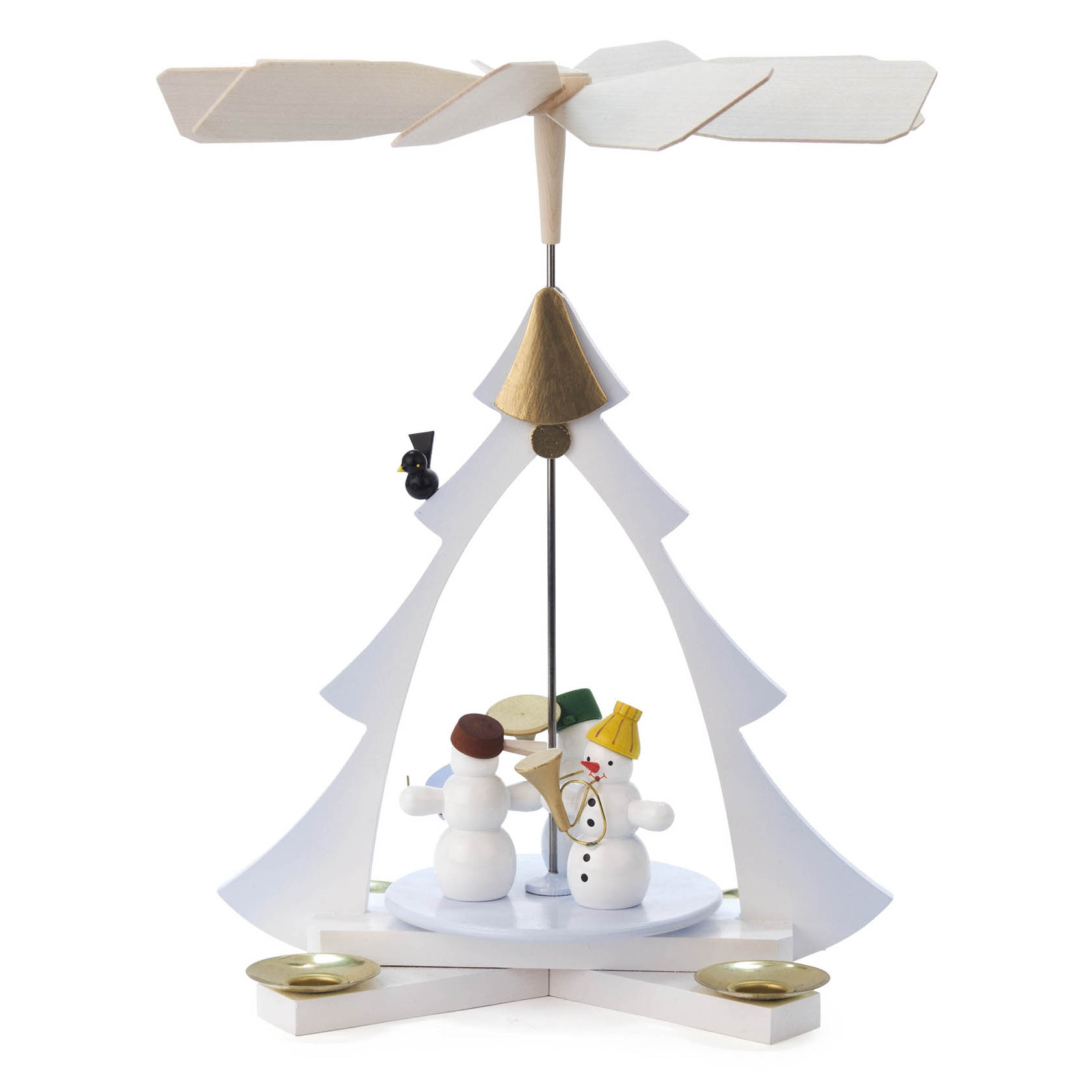 A white wooden pyramid featuring colorful snowmen figures designed for 14mm candles with a spinning propeller at the top.