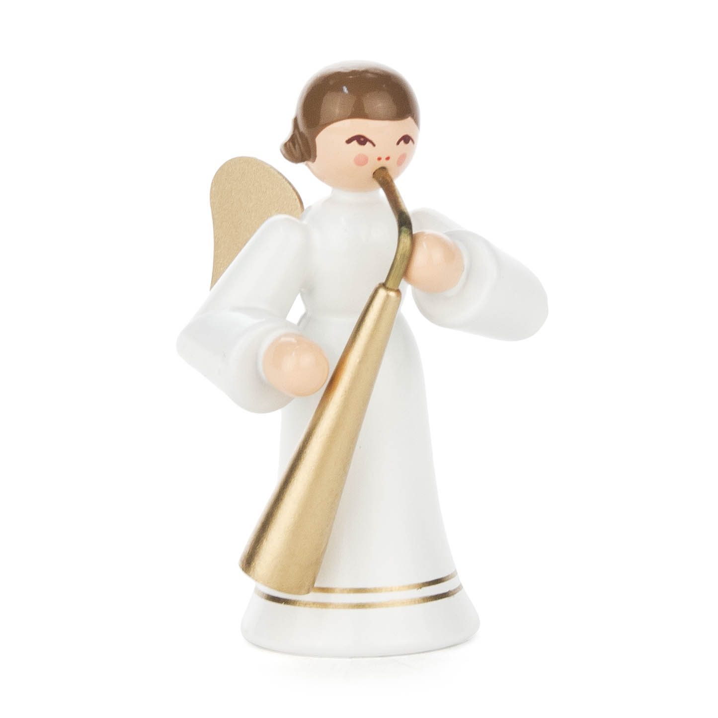 Kleiner Engel in weißem Gewand mit goldenen Flügeln, spielt ein langes goldfarbenes Horn. Der Engel hat braune Haare und rote Lippen. im Dregeno Online Shop günstig kaufen