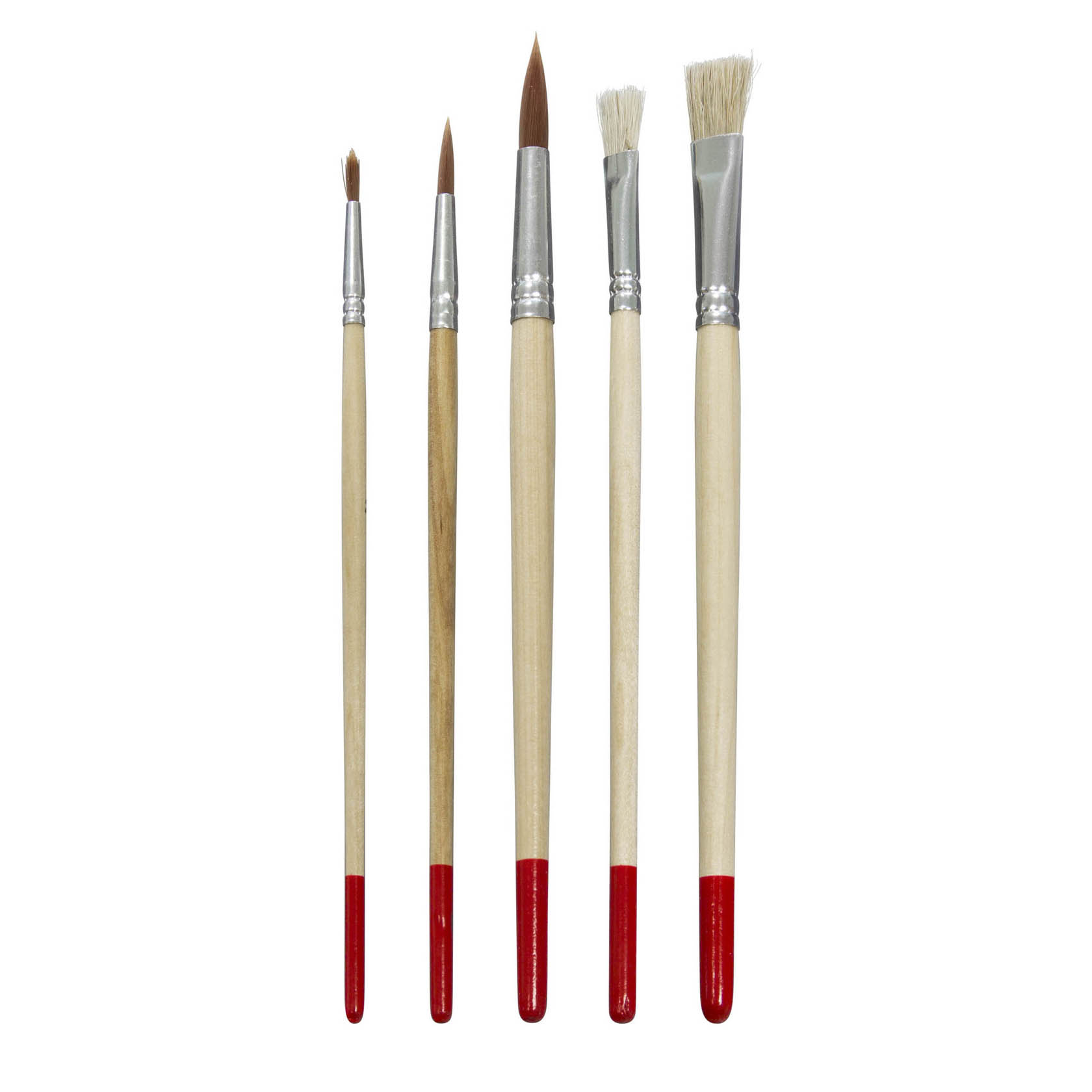 Ein Pinselset mit fünf Pinseln, bestehend aus zwei Borstenpinseln in den Größen 8 und 12 sowie drei Synthetikpinseln in den Größen 2, 6 und 10. im Dregeno Online Shop günstig kaufen