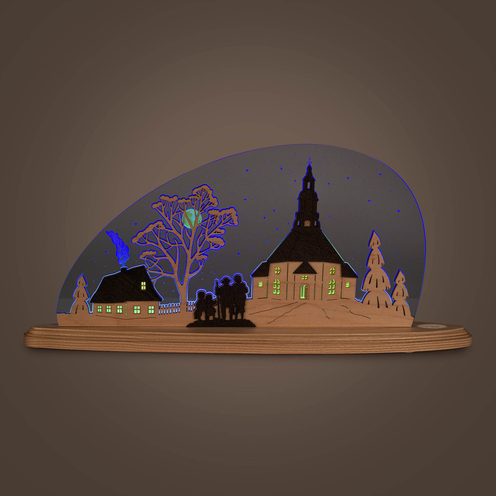 Wooden decorative light depicting the Seiffen Church with illuminated windows and trees against a starry night background.