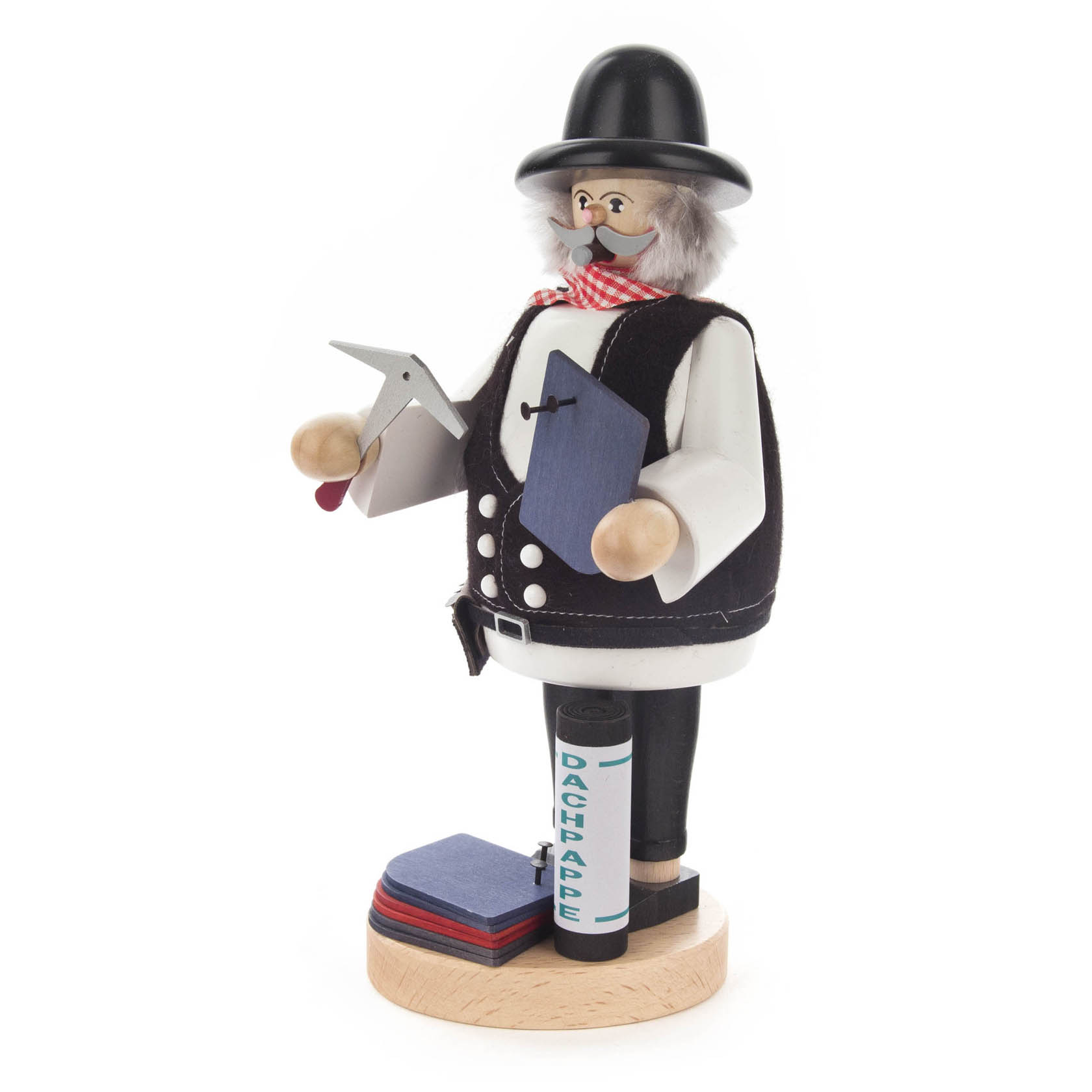 A wooden smoker figure of a roofer, with a black hat, grey mustache, and a checkered red scarf, holding roofing tools and standing next to a chimney.