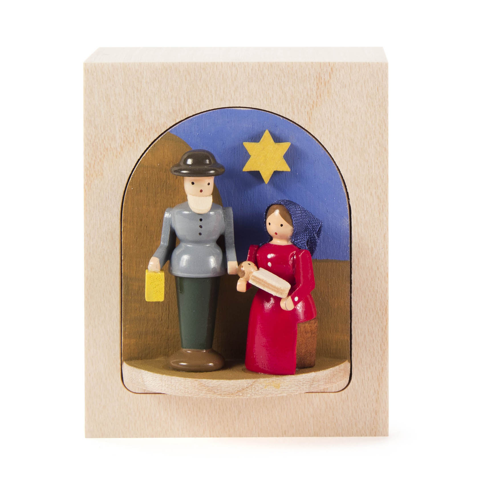 Holzfiguren von Josef und Maria mit Jesuskind, dargestellt in einem hölzernen Schaukästchen mit blauem und braunem Hintergrund und einem gelben Stern.
