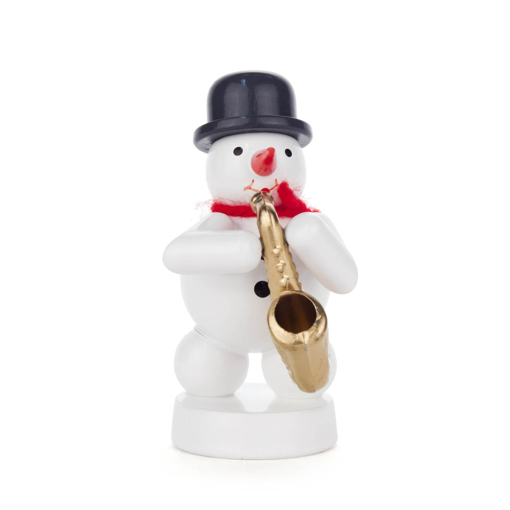 A small snowman figurine playing a golden saxophone, wearing a red scarf and a black bowler hat. im Dregeno Online Shop günstig kaufen