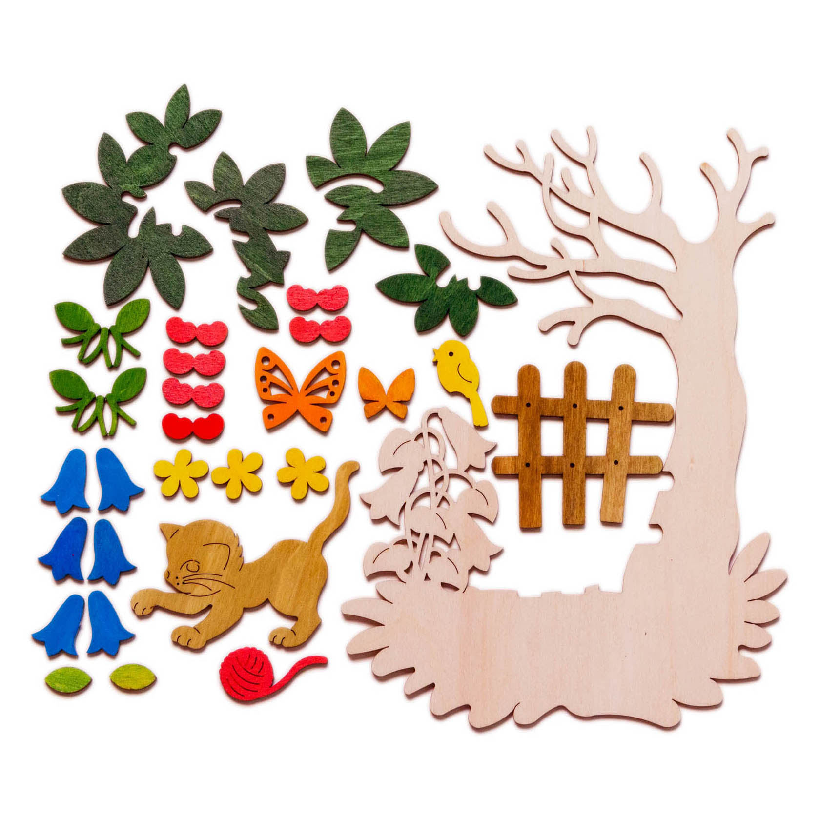 Set of wooden pieces for creating a summer-themed window decoration, including a tree, fence, flowers, leaves, a butterfly, a cat, and a yarn ball.