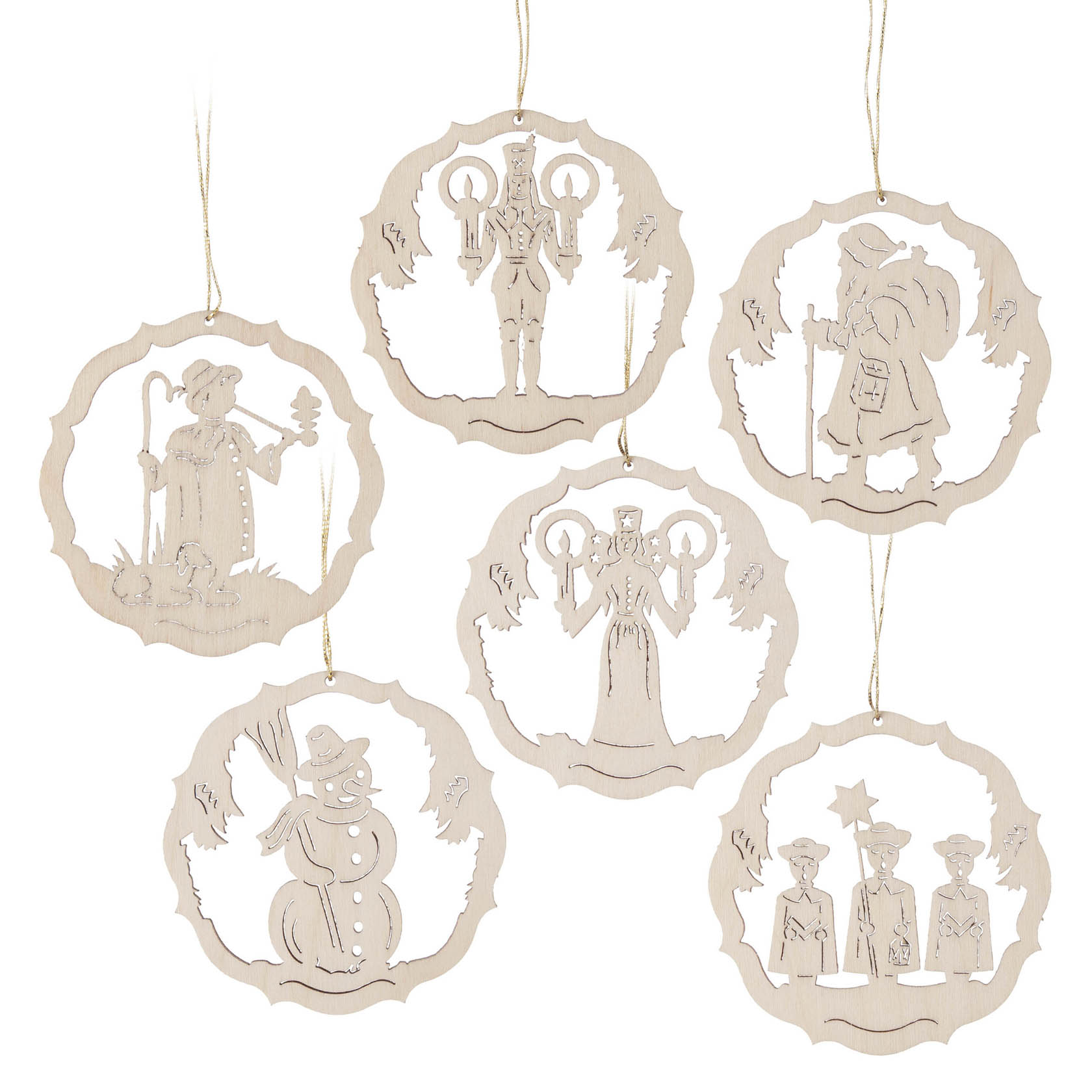 Sechs runde hölzerne Weihnachtsanhänger mit verschiedenen Figuren: ein Nussknacker, ein Weihnachtsmann, ein Schneemann, eine Frau mit Laternen, eine weitere Nussknacker-Figur und drei Menschen mit Stern. im Dregeno Online Shop günstig kaufen