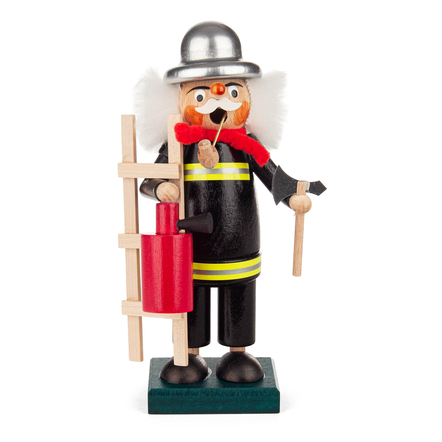 A miniature smoker figure of a firefighter with a silver helmet, holding a ladder, an axe, and a fire extinguisher. im Dregeno Online Shop günstig kaufen