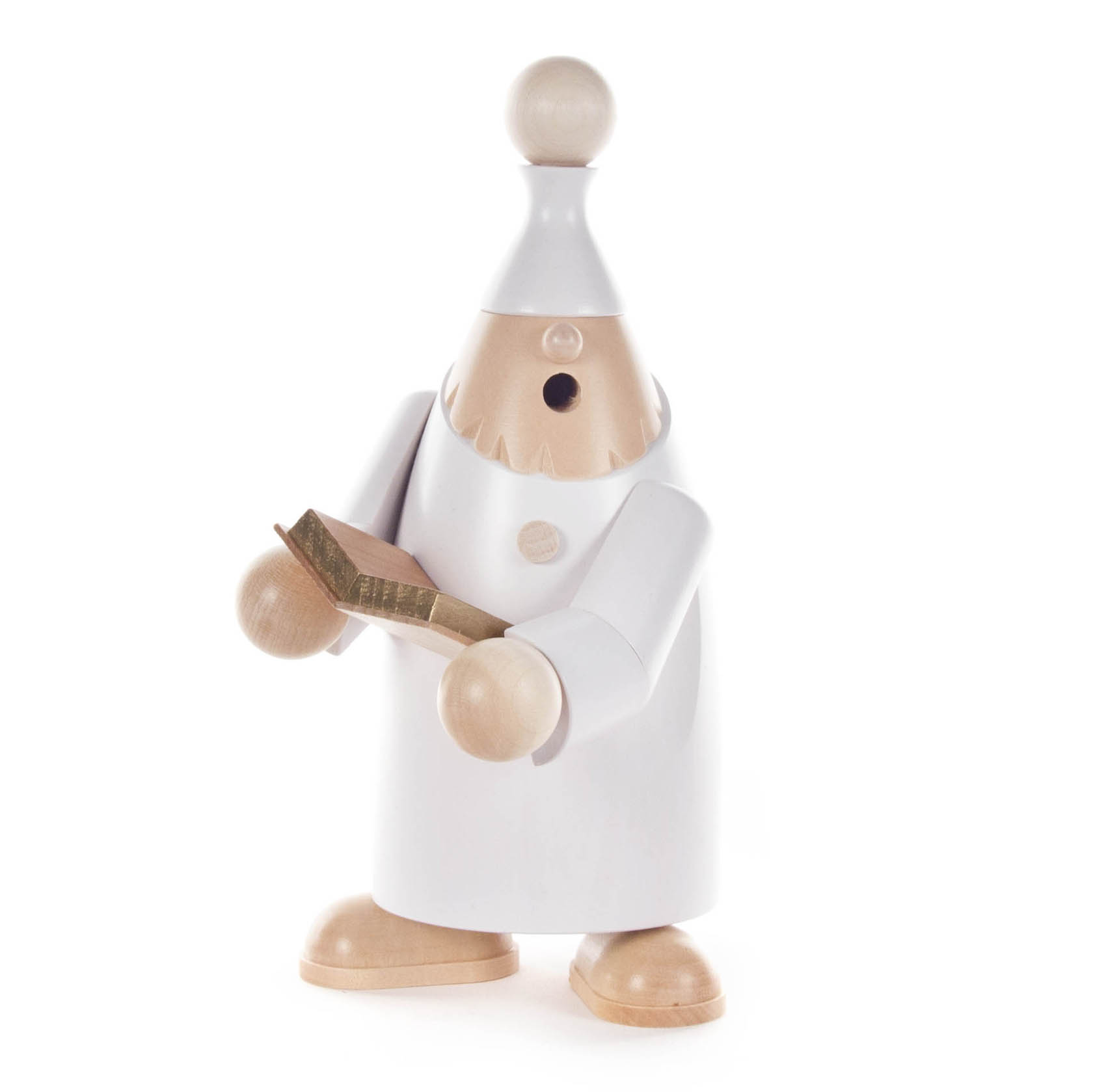 A wooden smoking man figure, 'Aron the Narrator', dressed in white with a book in hand. im Dregeno Online Shop günstig kaufen
