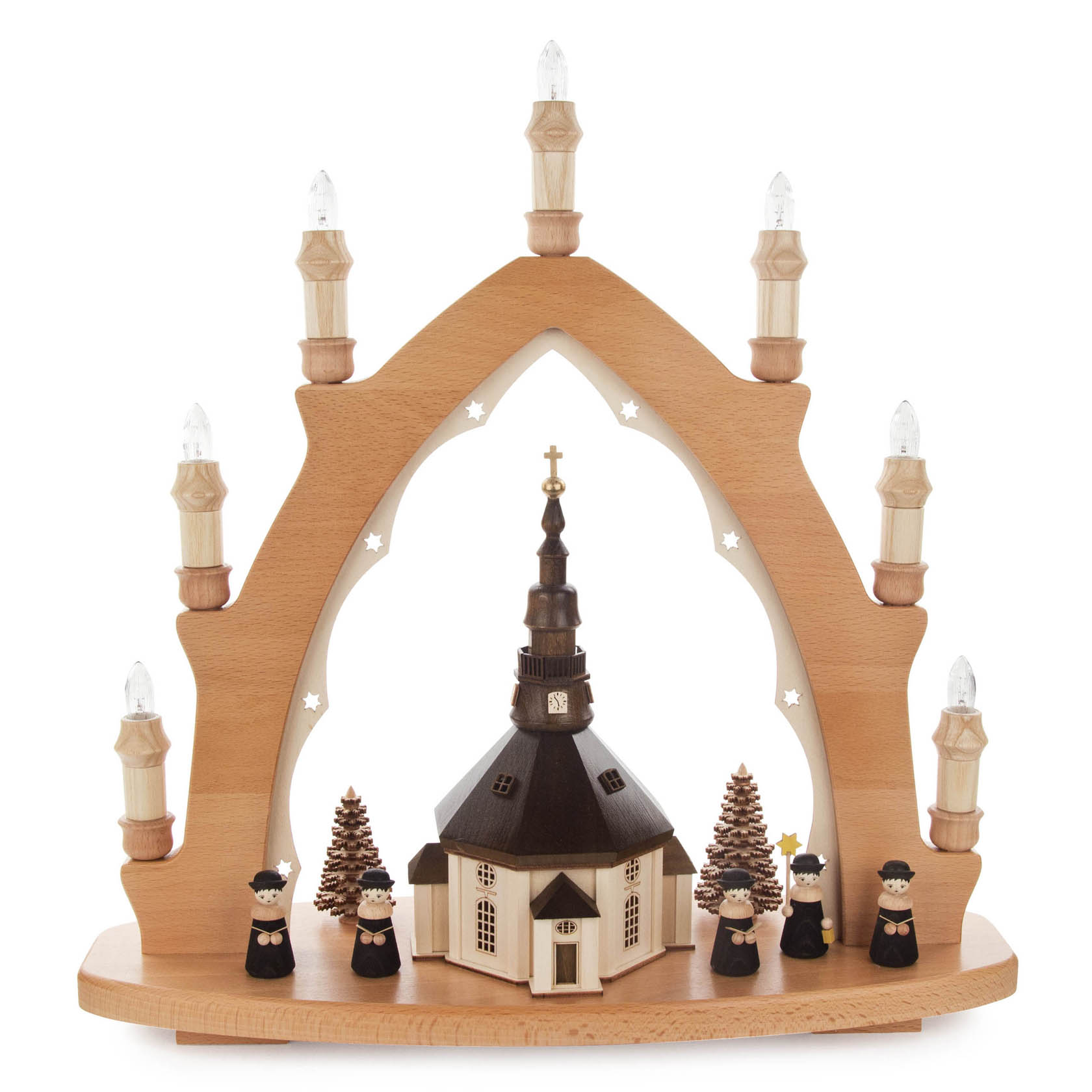 Schwibbogen mit Seiffener Kirche und Kurrende, elektrisch beleuchtet, innenbeleuchtete Kirche im Dregeno Online Shop günstig kaufen