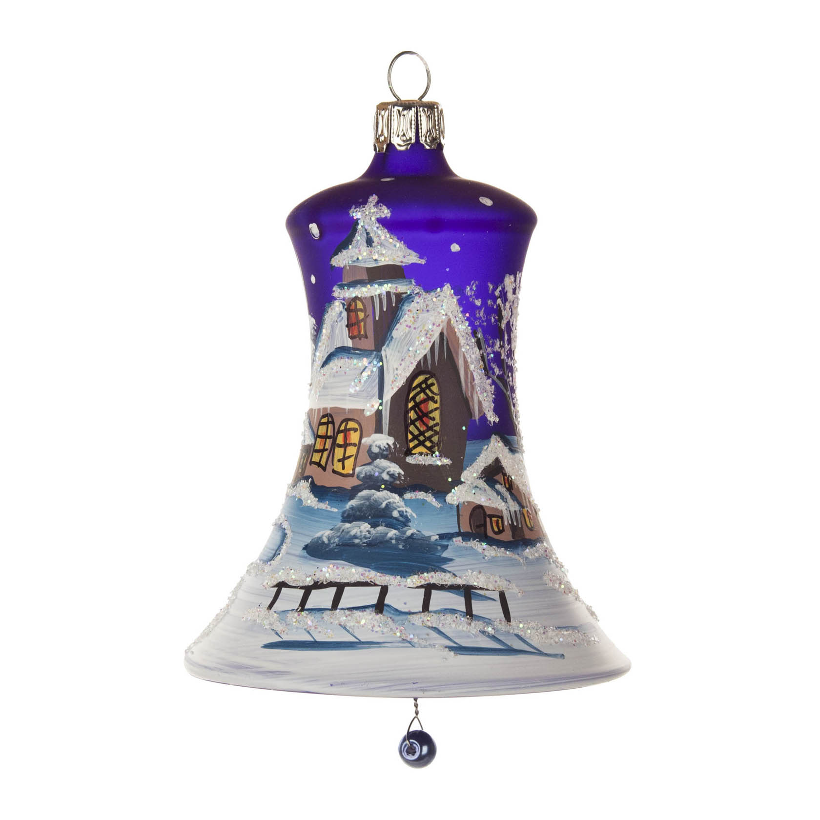Blue matte Christmas bell ornament depicting a snow-covered village scene with houses and trees, decorated in a traditional Thuringian style.