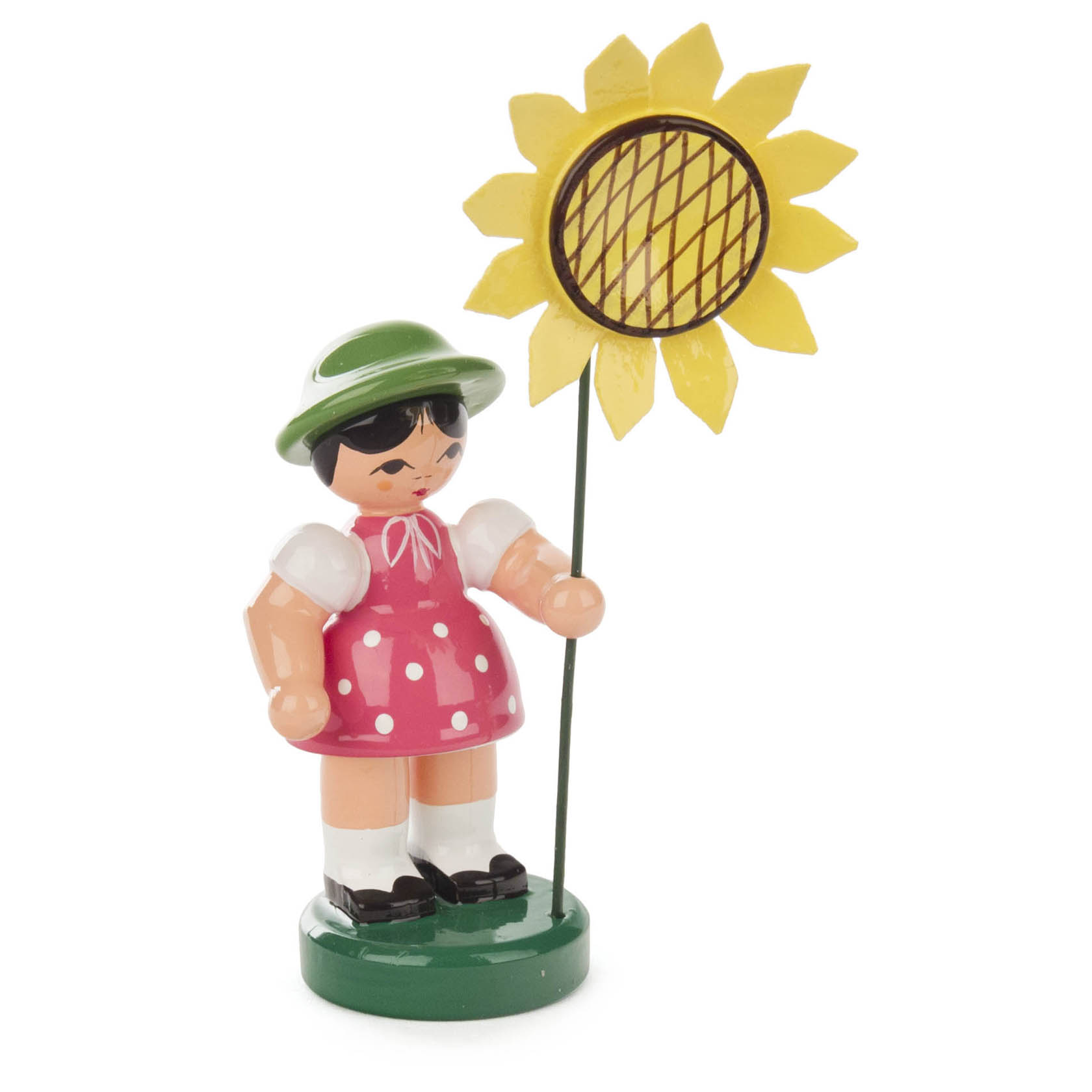 Wooden figurine of a girl in a pink dress with white dots and a green hat, holding a large yellow sunflower. im Dregeno Online Shop günstig kaufen