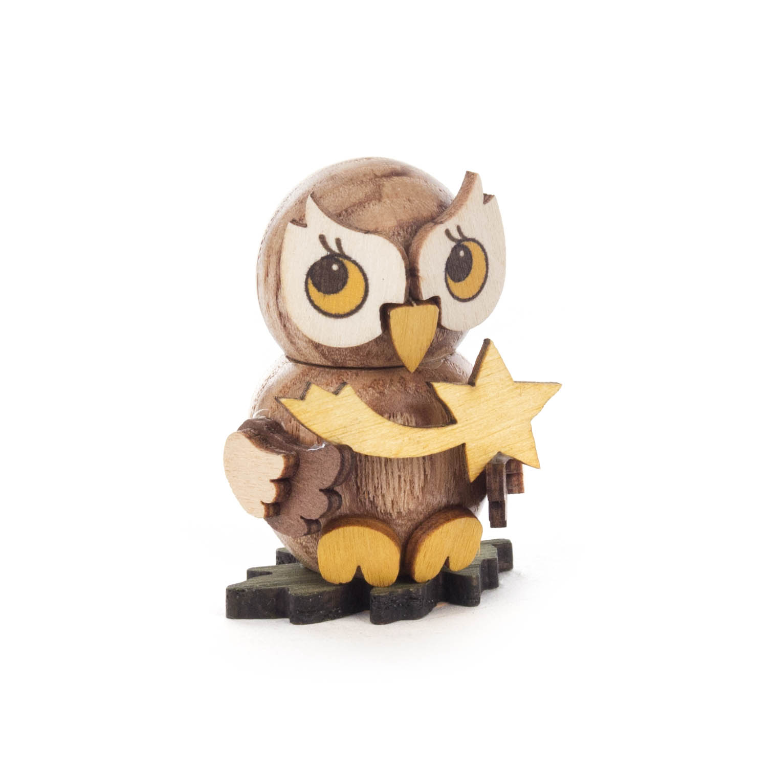 Kleine Eulenfigur aus Holz, die in ihrer rechten Flügel einen gelben Stern hält. im Dregeno Online Shop günstig kaufen