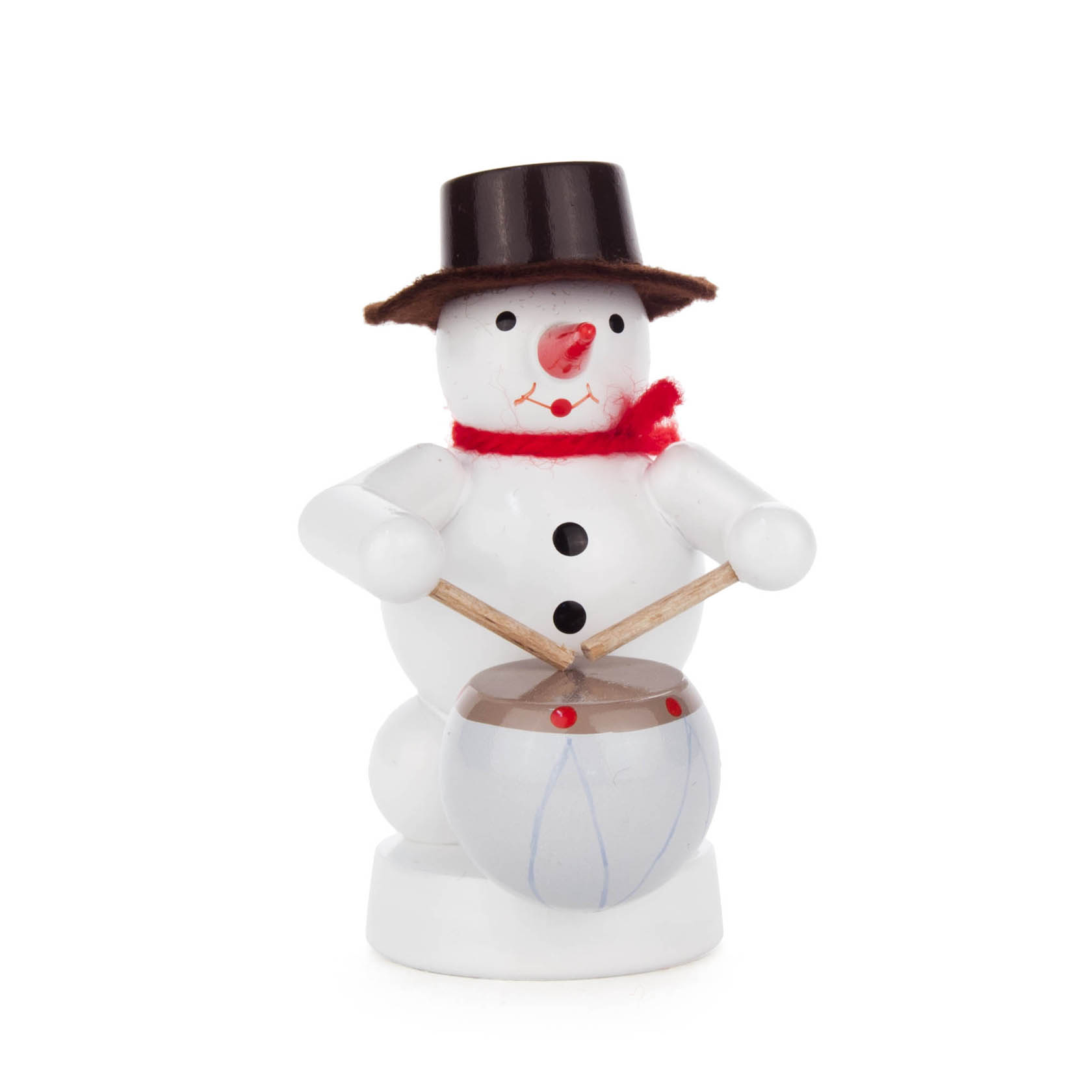 A snowman figurine wearing a black top hat and red scarf, holding drumsticks and playing a small beige drum. im Dregeno Online Shop günstig kaufen