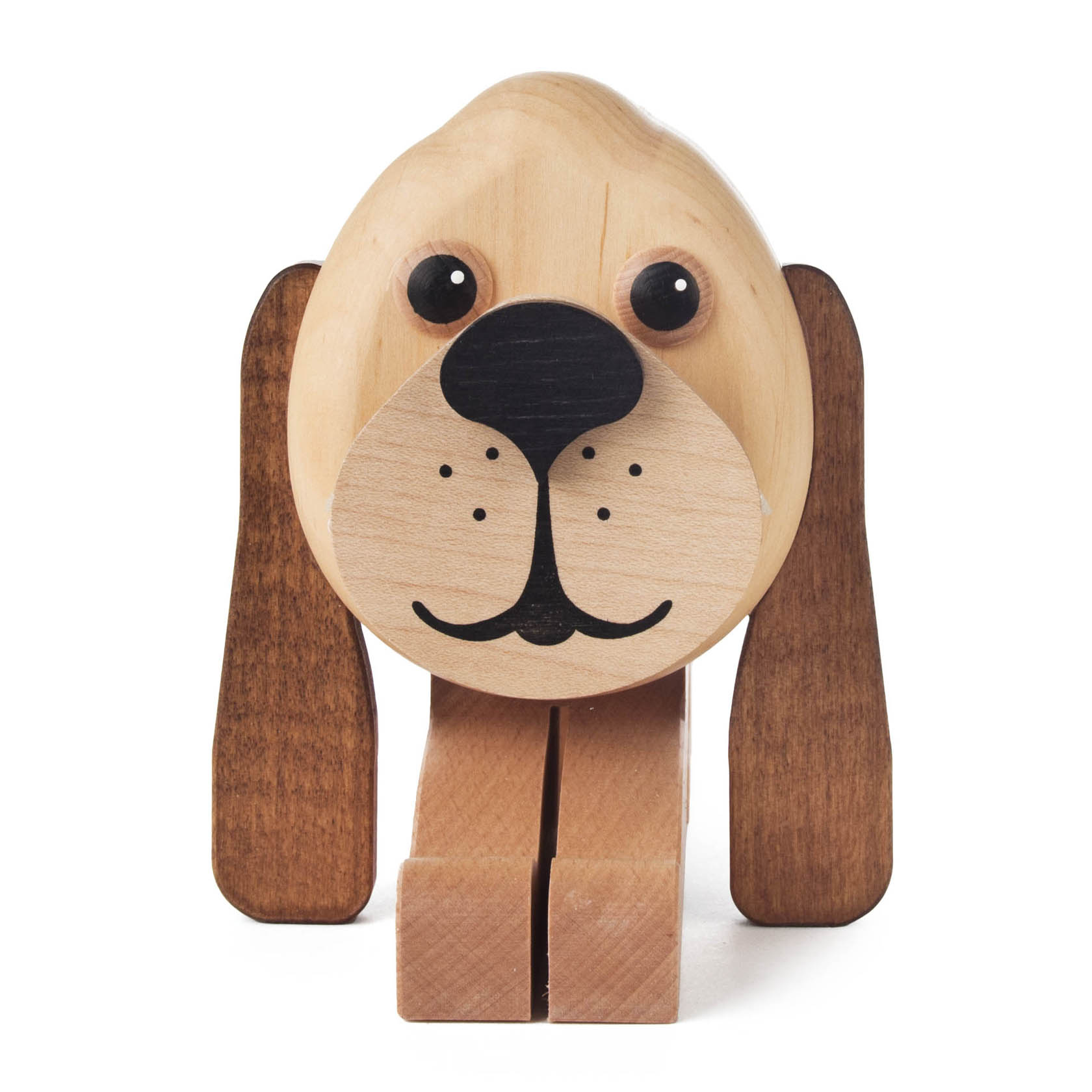 A wooden dog-shaped eyeglass holder with a rounded head, long ears, and wide legs. The surface is smooth and polished, designed to hold glasses.