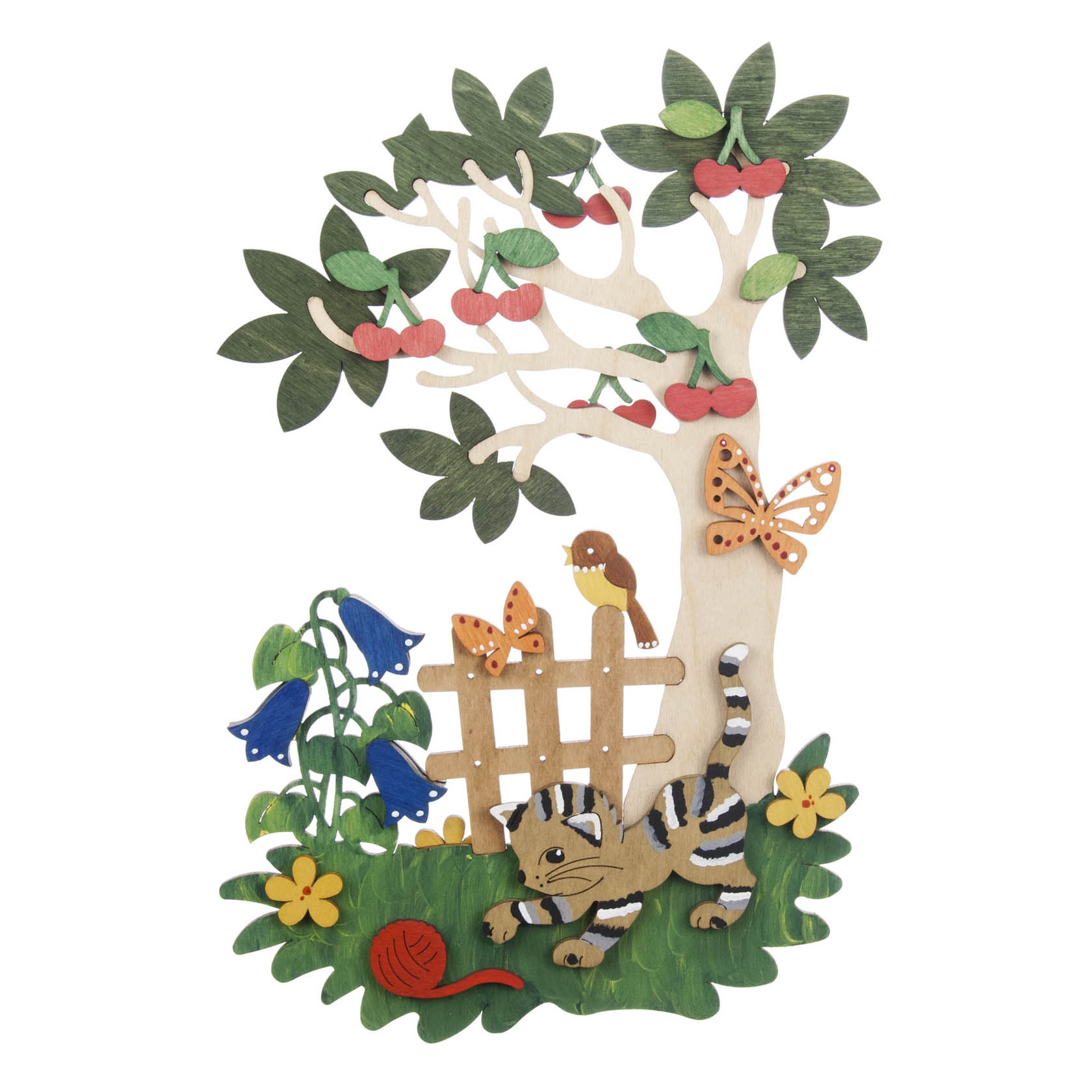 Fensterbild-Bastelset: Tigerjunges unter Kirschbaum, daneben Blumen und ein Zaun. Ein Schmetterling und ein Vogel ergänzen die sommerliche Szene. im Dregeno Online Shop günstig kaufen