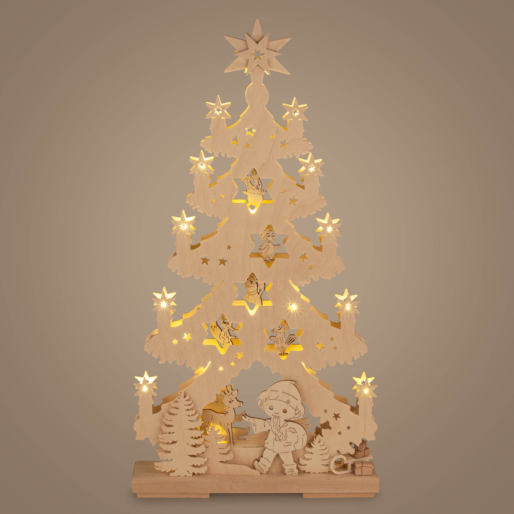 Wooden Christmas tree decoration with Sandman theme, featuring five LED lit star cutouts and figures, with deer and presents at the base.