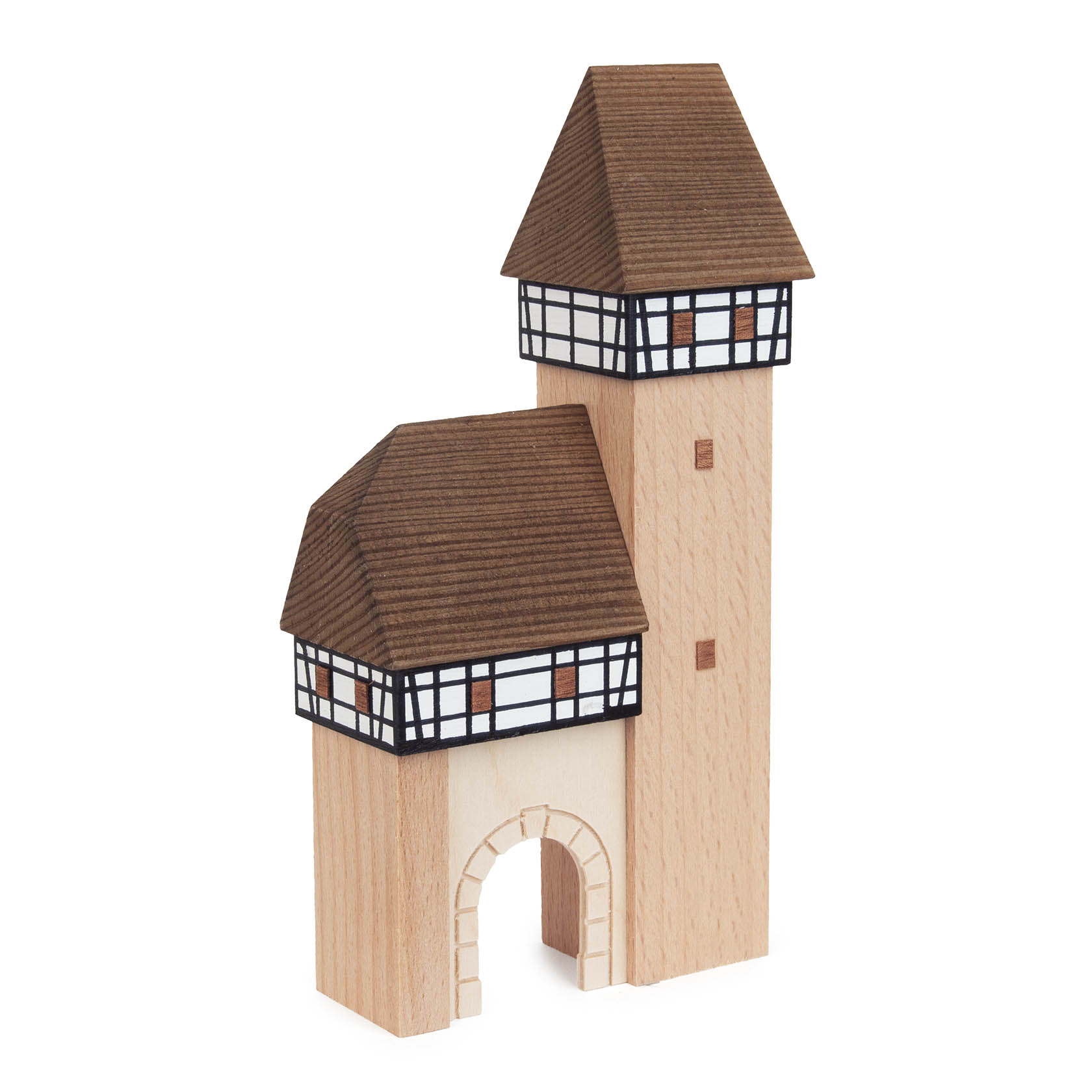 A wooden model of a city gate with a tower, featuring timber-frame elements and brown roof tiles.