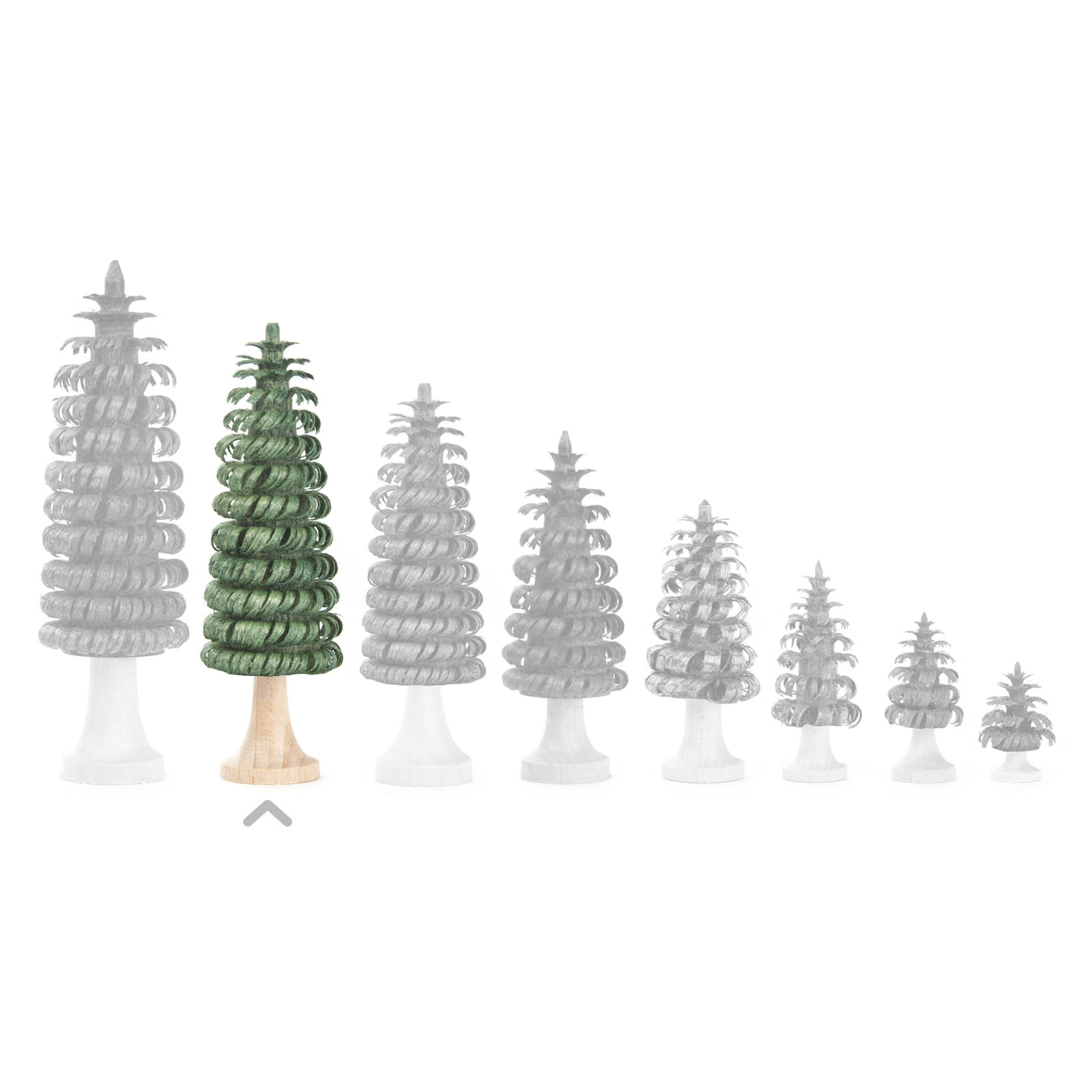 A green ringed Christmas tree with a wooden base, approximately 8cm tall, prominently displayed in a row of similar trees.
