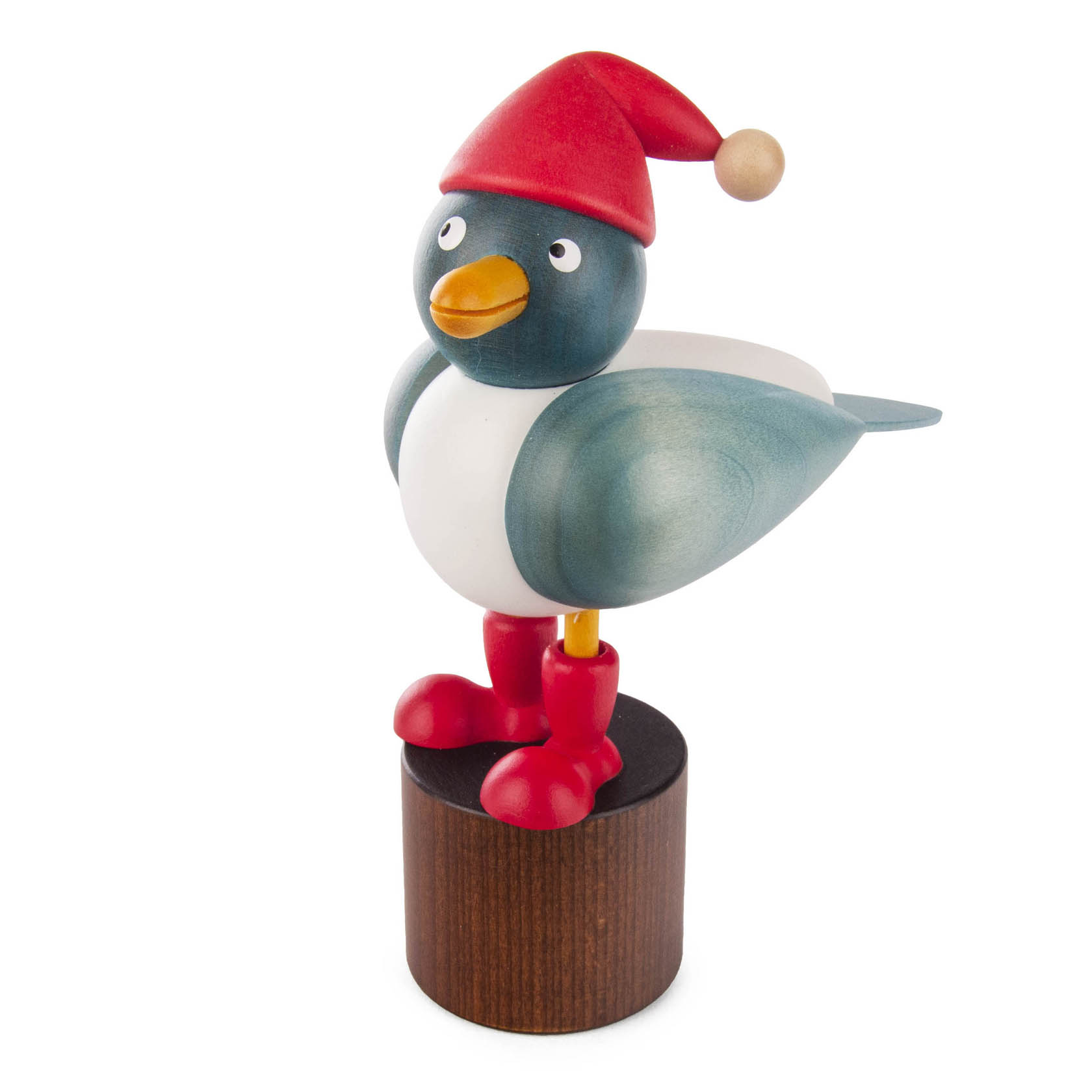 A decorative wooden seagull figure wearing a red Santa hat and red boots, standing on a wooden base. im Dregeno Online Shop günstig kaufen