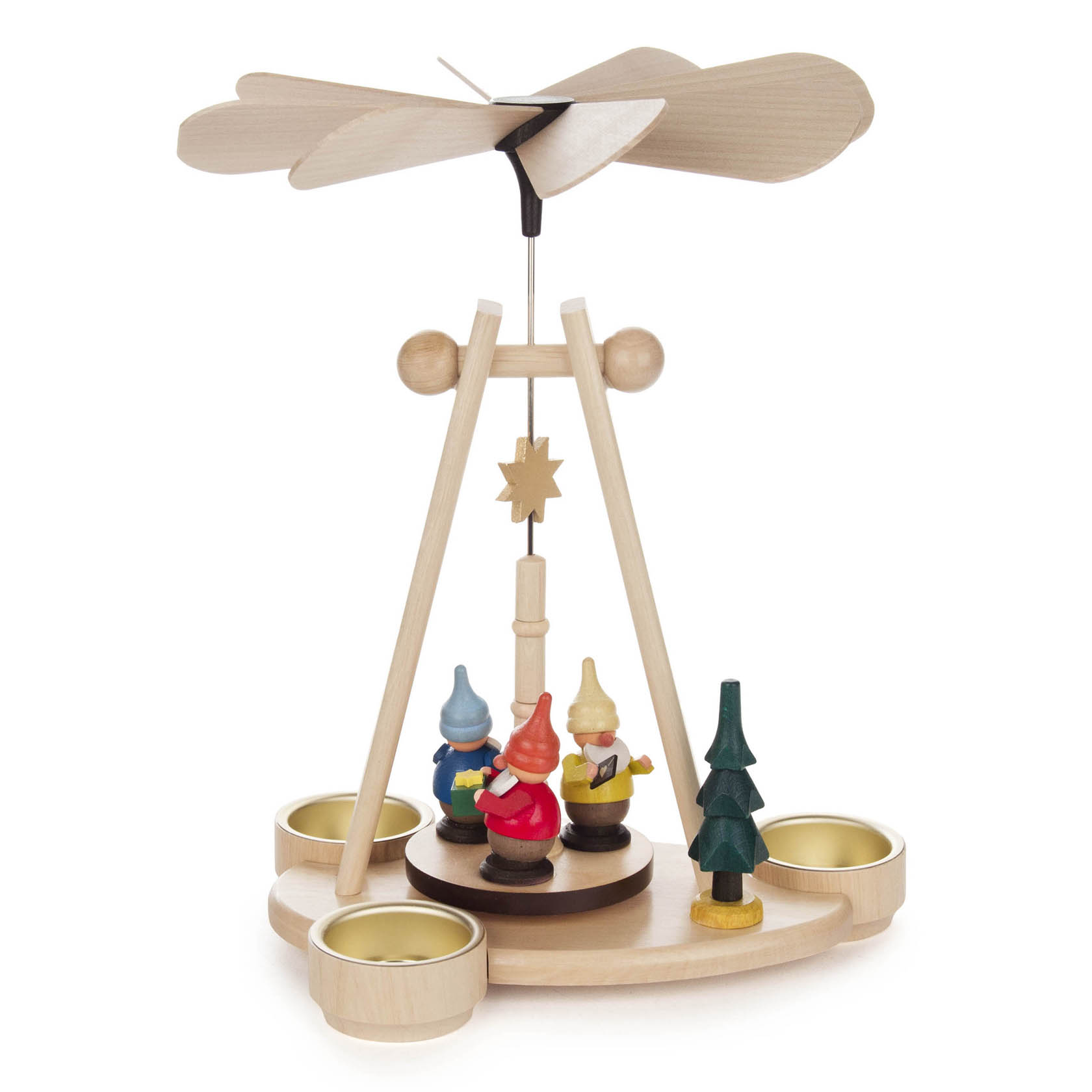 Holzpyramide mit drei Zwergenfiguren in bunten Kleidern und einem Baum, oben vier Holzflügel; Drehbewegung durch Teelichtwärme. im Dregeno Online Shop günstig kaufen