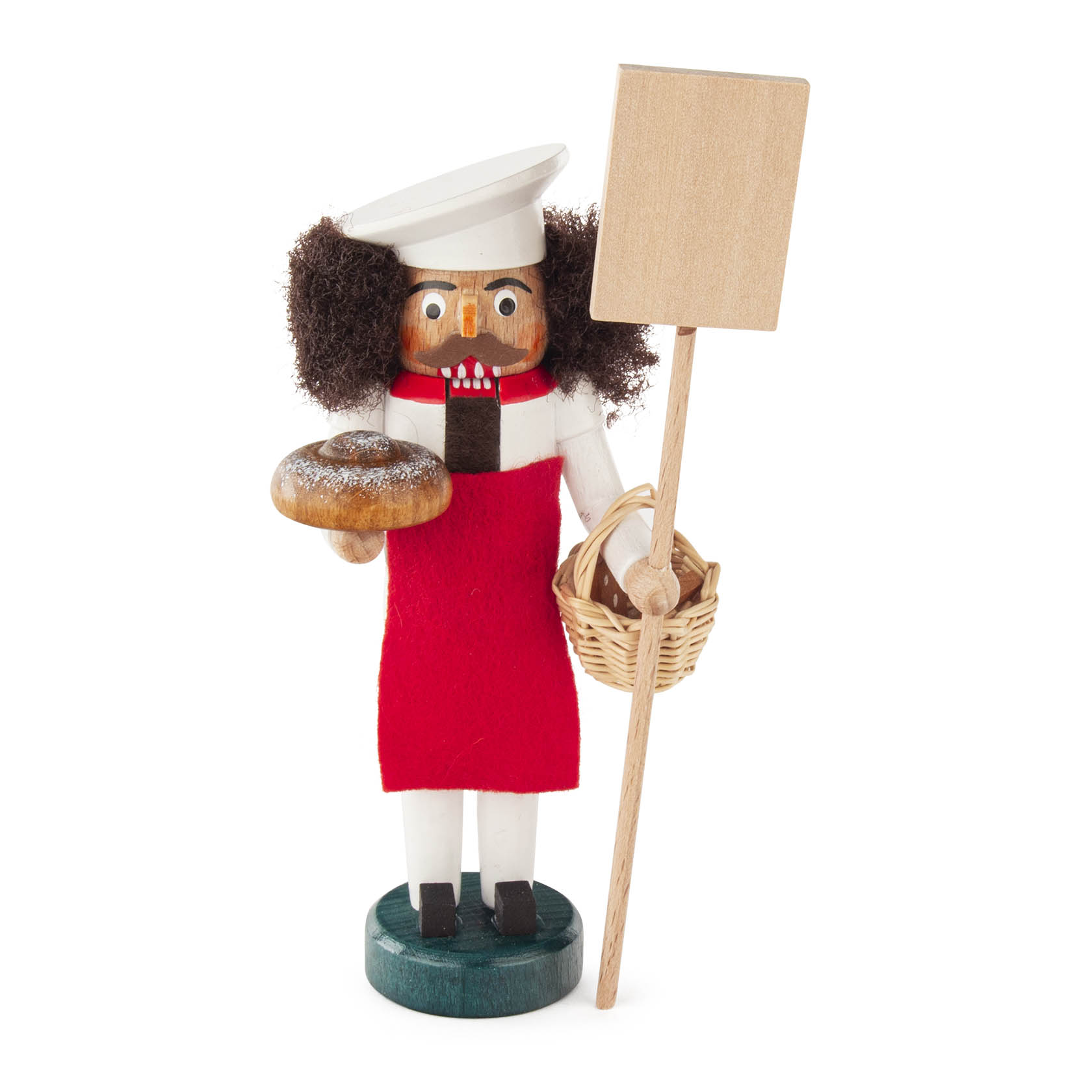 Holznussknacker in Bäckerform, 14 cm hoch, trägt rote Schürze und weißen Bäckermütze, hält Brot und Bäckerkorb mit Schaufel in den Händen. im Dregeno Online Shop günstig kaufen