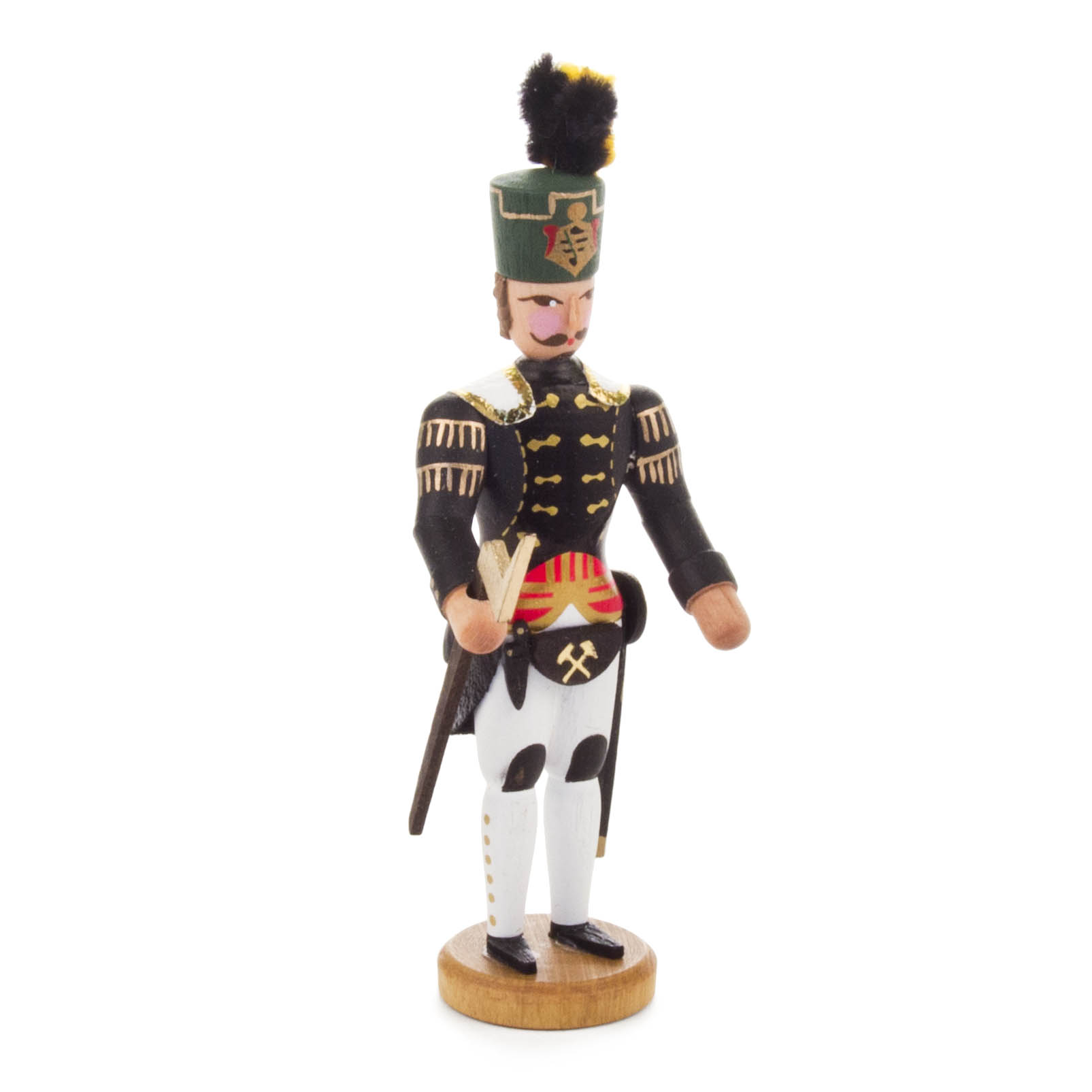 Traditionelle Bergmannsfigur im Bergmeisterkostüm mit schwarzem Hut mit Feder, schwarzer Uniform mit goldenen Verzierungen und weißen Hosen. im Dregeno Online Shop günstig kaufen