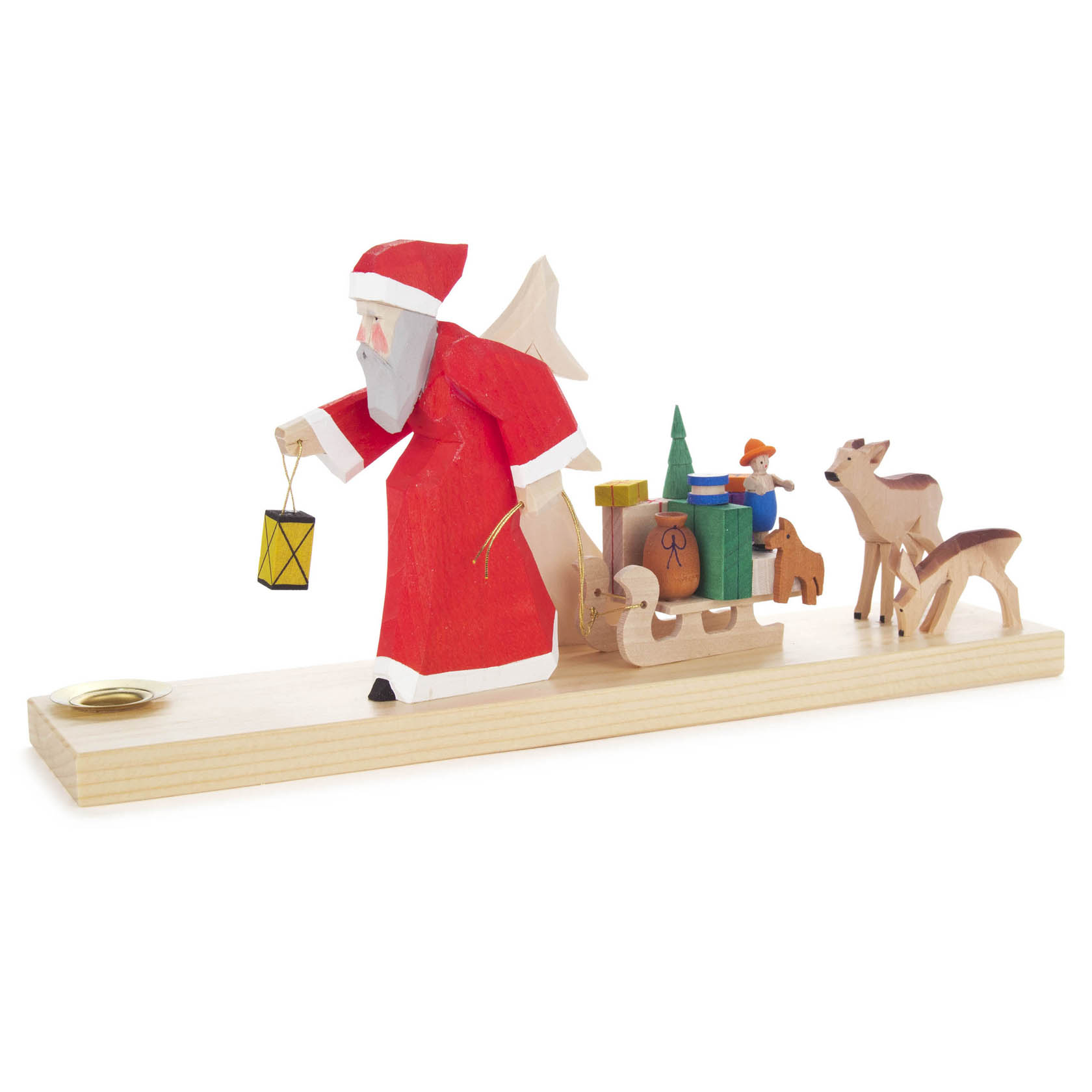 Weihnachtsmann mit Schlitten und Rehen, geschnitzt, für Kerze d=14mm im Dregeno Online Shop günstig kaufen