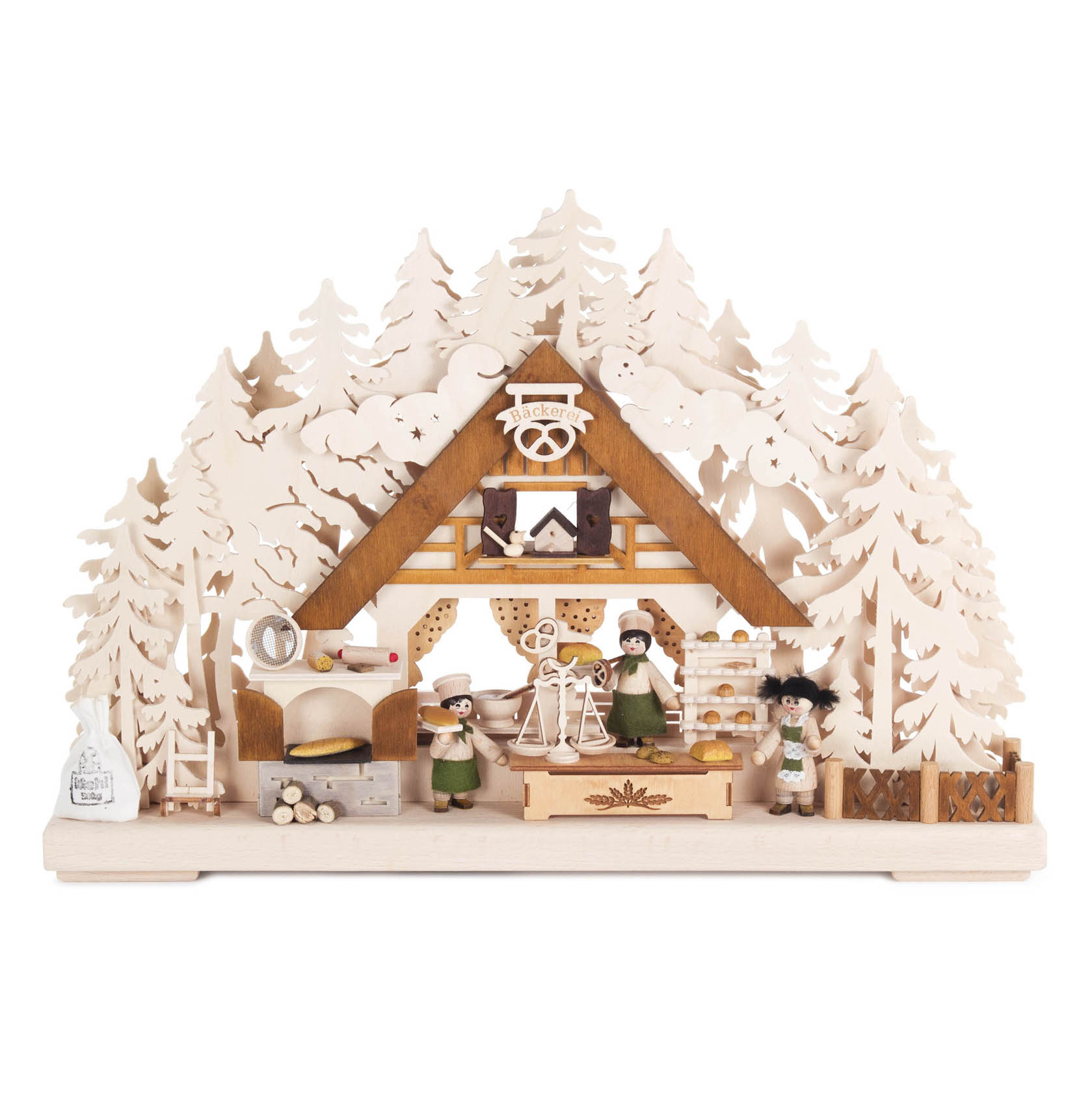 Ein kleiner elektrisch beleuchteter Schwibbogen zeigt eine Bäckereiszene mit Figuren, Öfen, Backwaren und verzierten Holzdetails in Form von Bäumen. im Dregeno Online Shop günstig kaufen