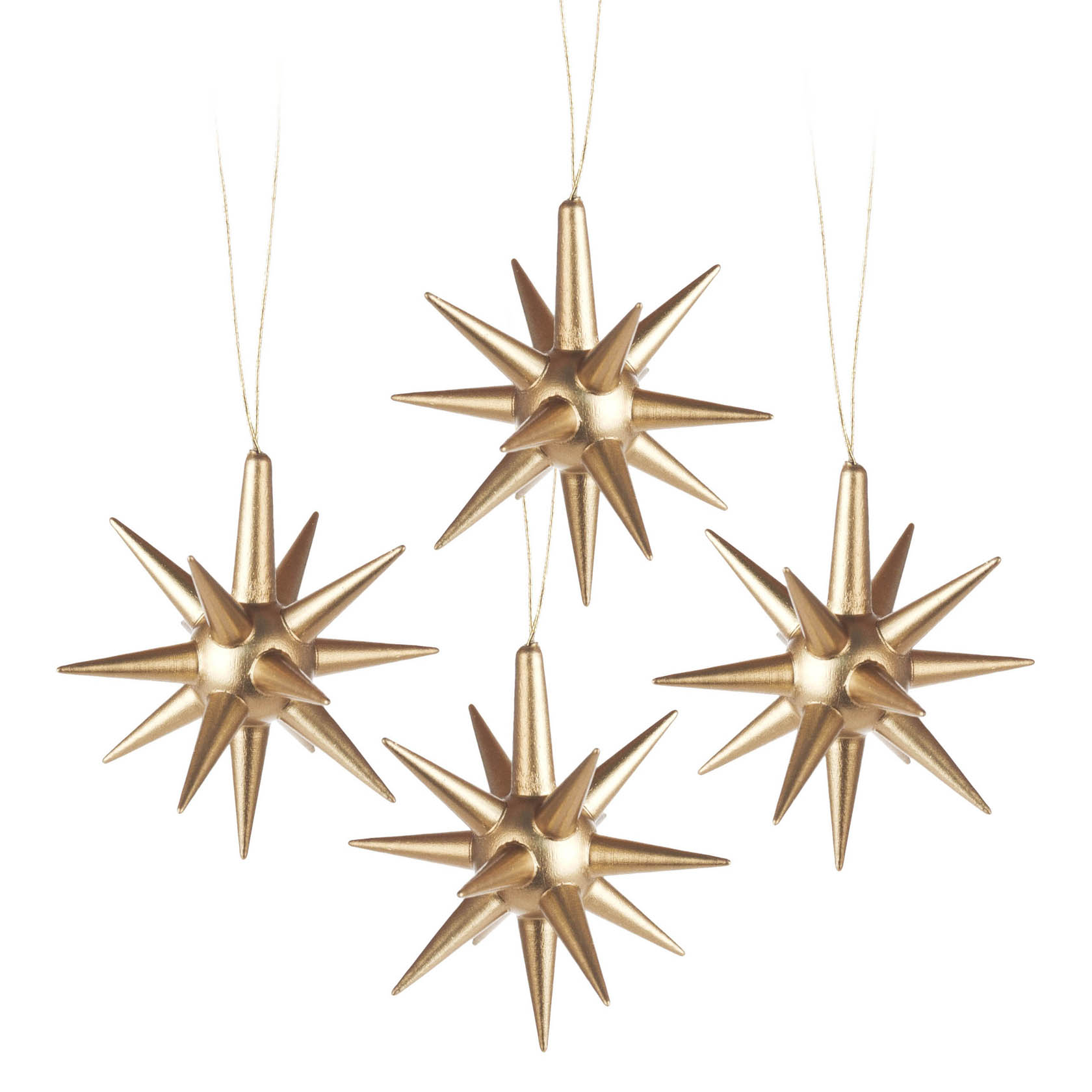 Four gold star ornaments with pointed edges hanging on strings. im Dregeno Online Shop günstig kaufen