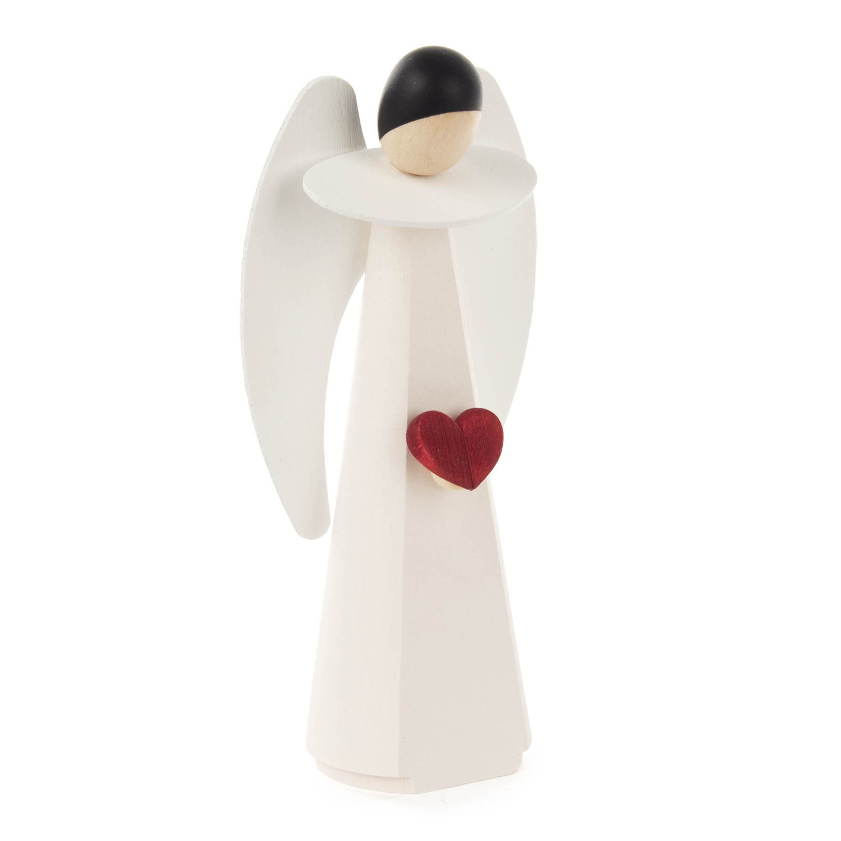 Weiße Engel-Figur aus Holz mit schwarzen Kopf, hält ein rotes Herz; 11 cm hoch.