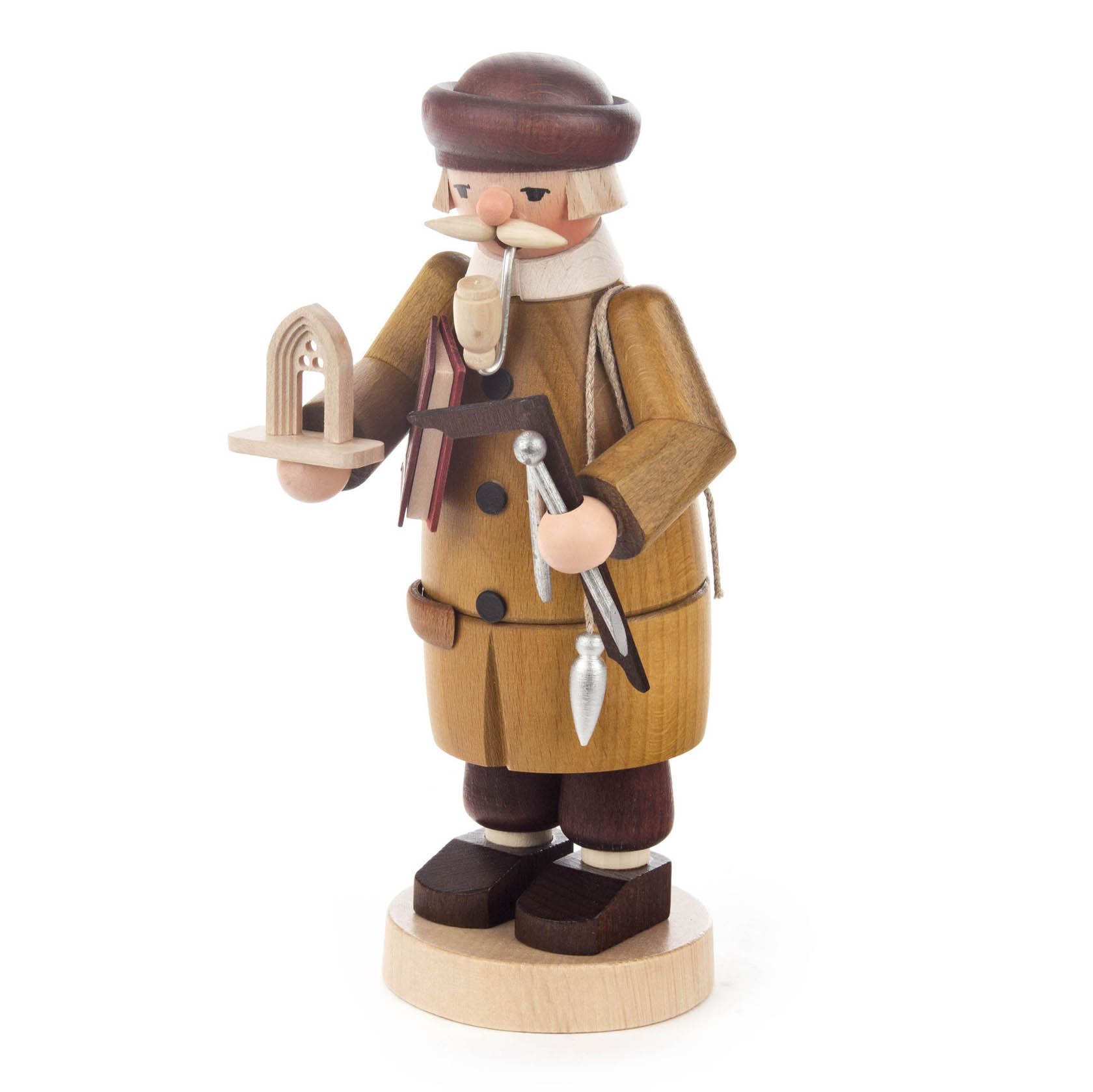 A wooden smoke figure of a craftsman, known as Räuchermann, holding a model structure and tools, including a hammer and trowel.
