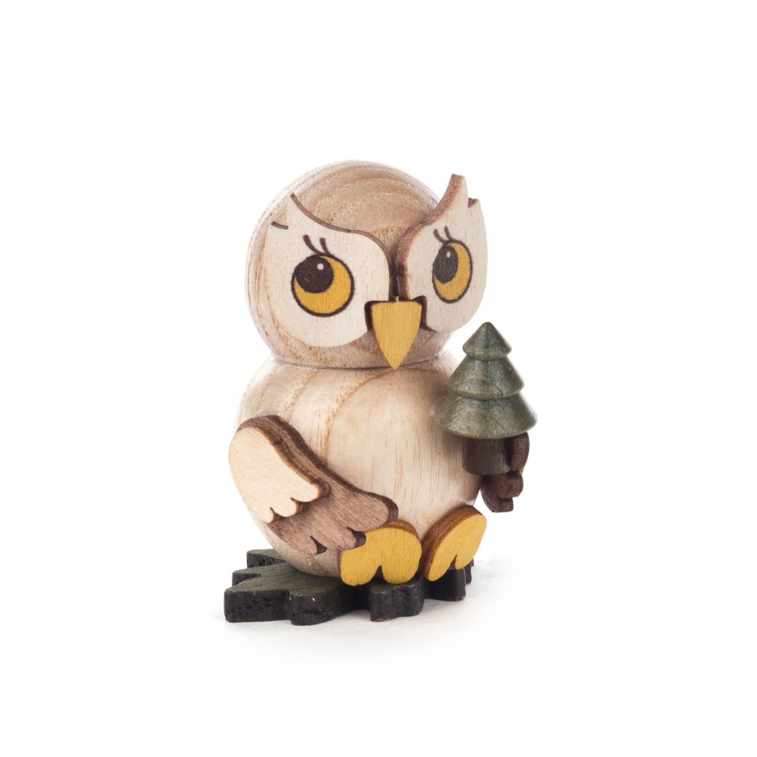 A small carved wooden owl figurine holding a tiny green tree in its wing, sitting on a wooden base. im Dregeno Online Shop günstig kaufen