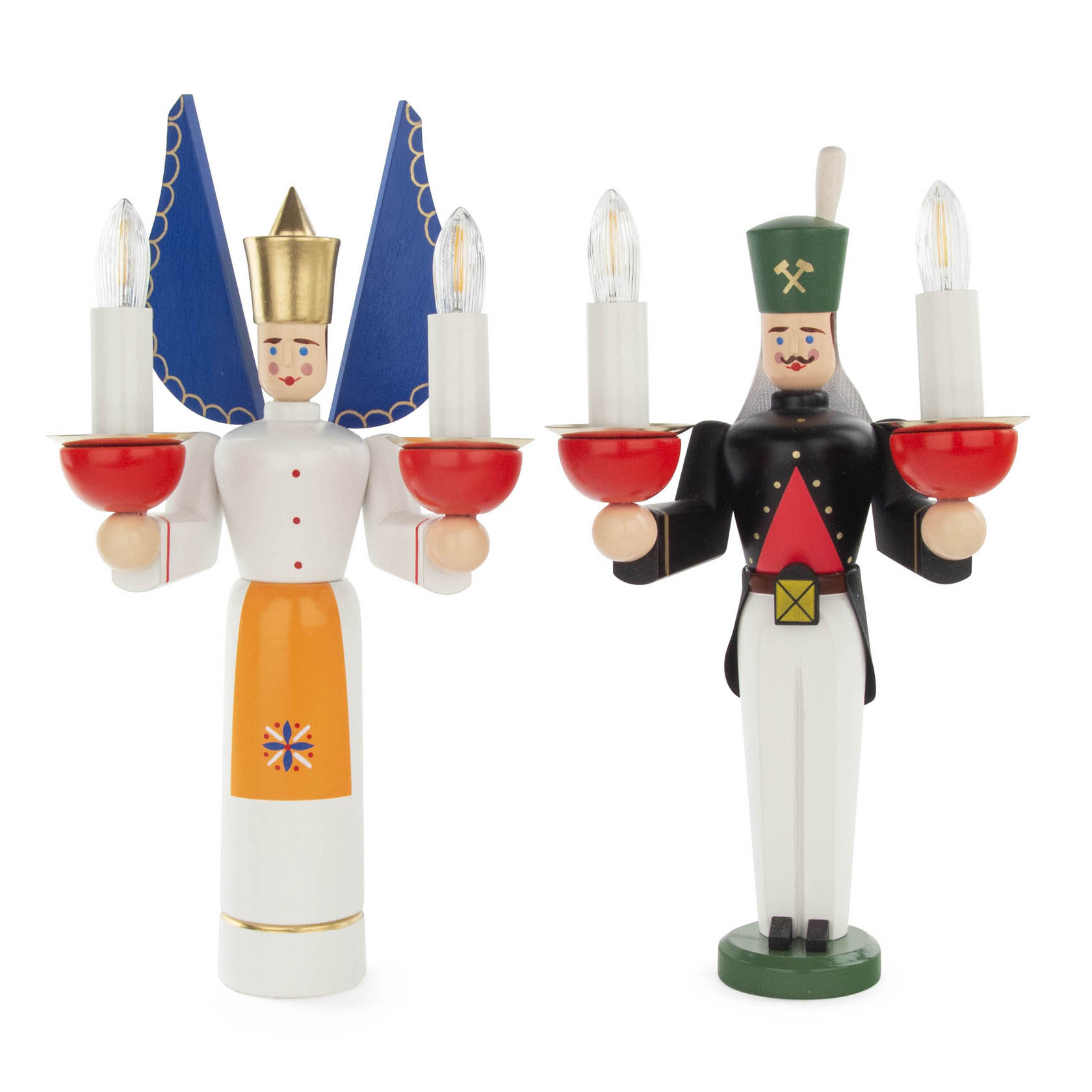 Elektrisch beleuchtete Holzfiguren Engel und Bergmann. Engel trägt orange Schürze und goldene Krone, Bergmann in traditioneller Tracht hält Kerzen. im Dregeno Online Shop günstig kaufen