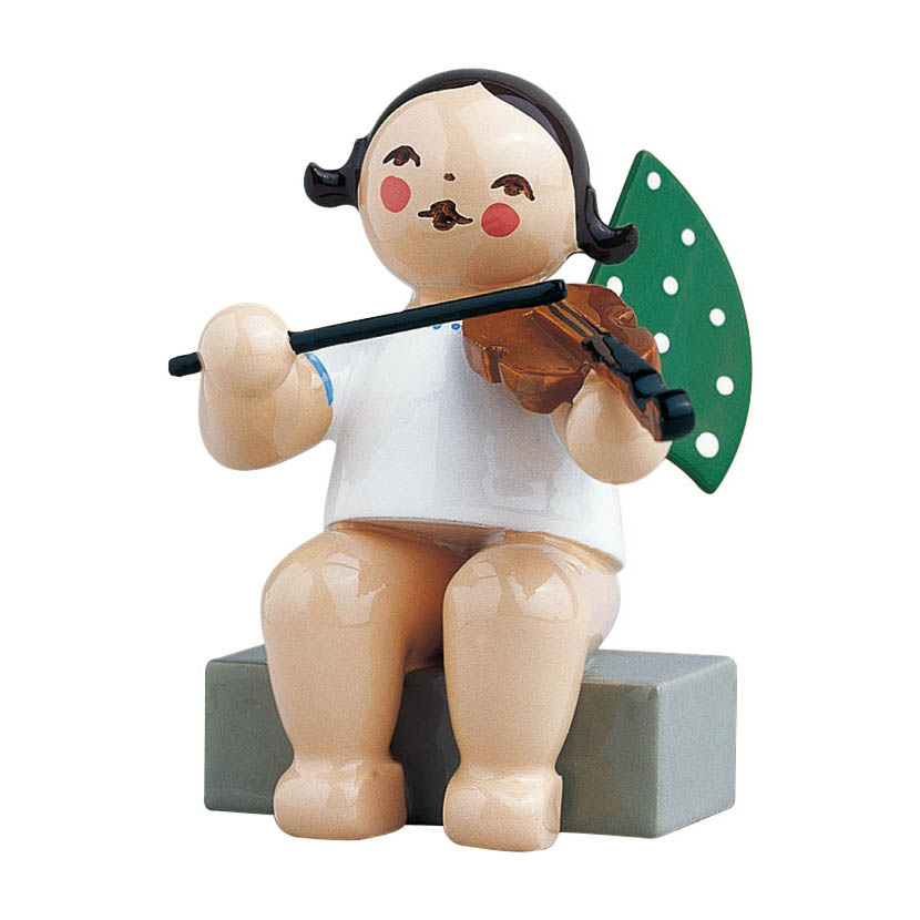 Sitzender Engel mit grünen Flügeln und weißen Punkten spielt Bratsche, sitzt auf grauem Sockel. im Dregeno Online Shop günstig kaufen