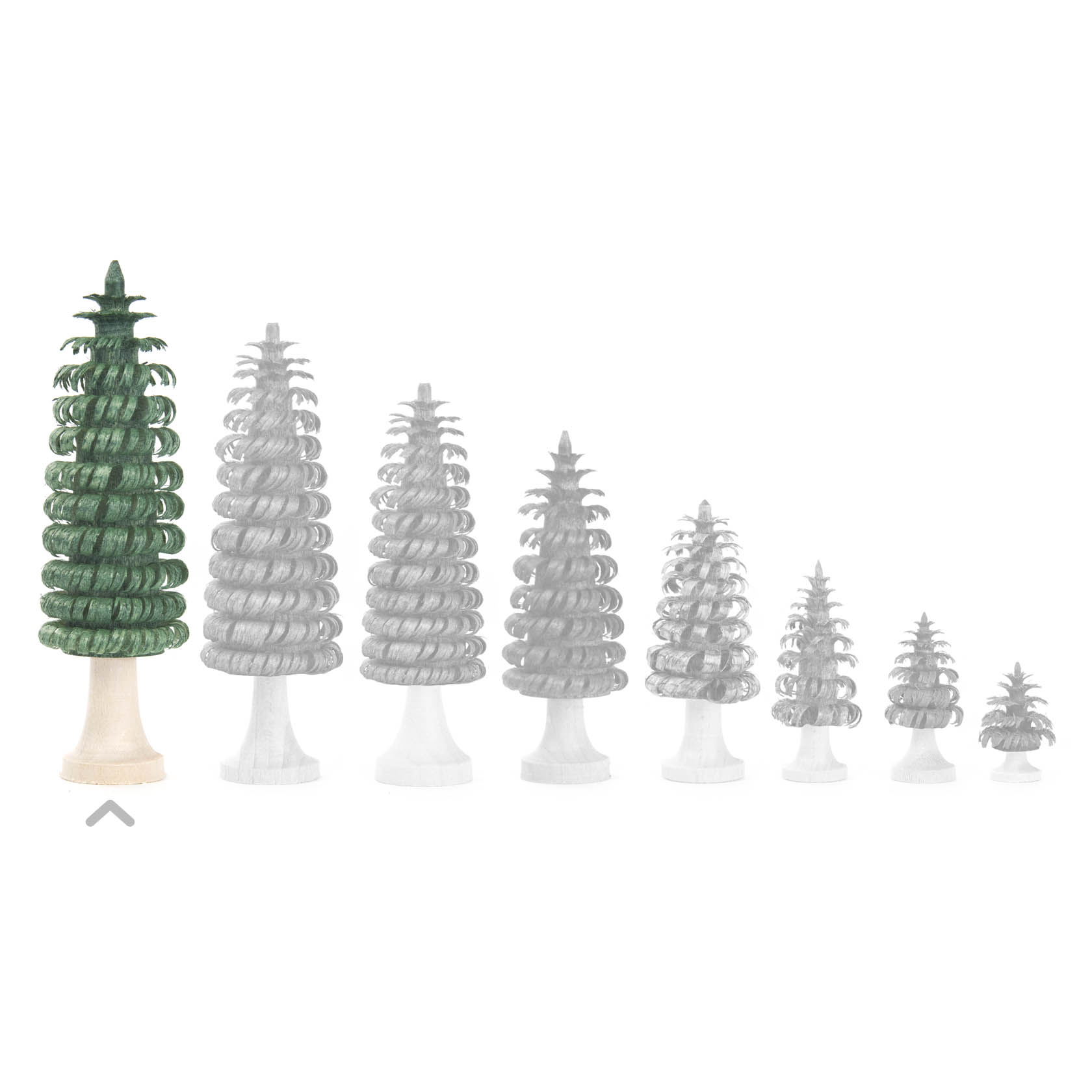Ein einzelner grüner Ringelbaum mit Stamm, 9 cm hoch, in Vorderansicht auf weißem Hintergrund.