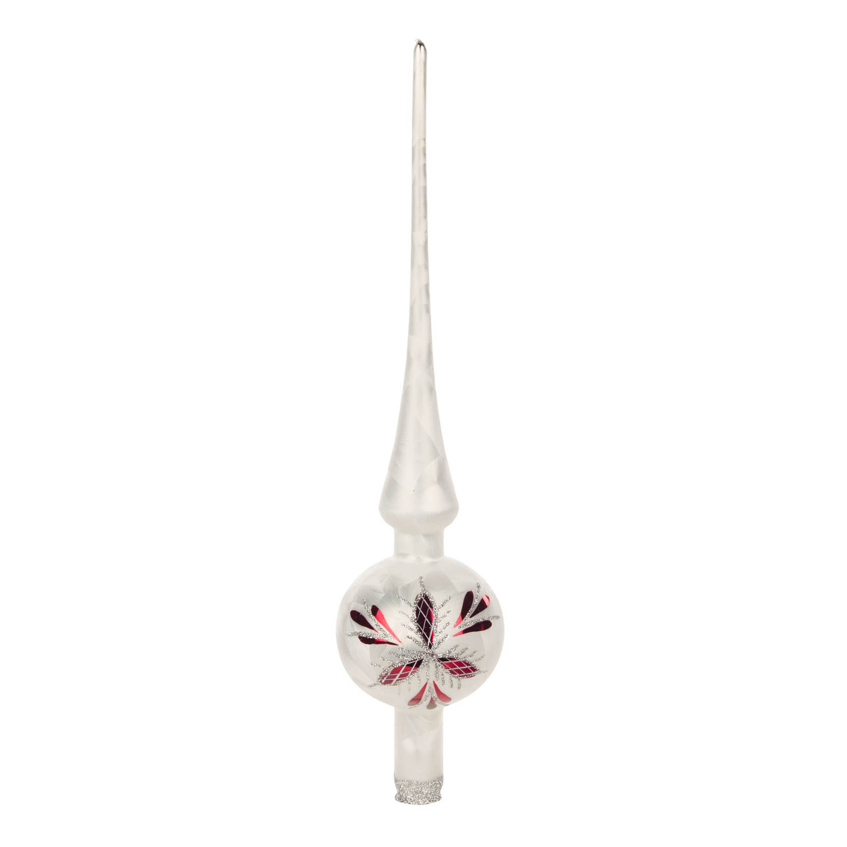 Baumspitze in eisweiß mit Waffelmuster; kugelförmiger Korpus mit rotem floralen Muster, lange, schmale Spitze, Thüringer Christbaumschmuck. im Dregeno Online Shop günstig kaufen