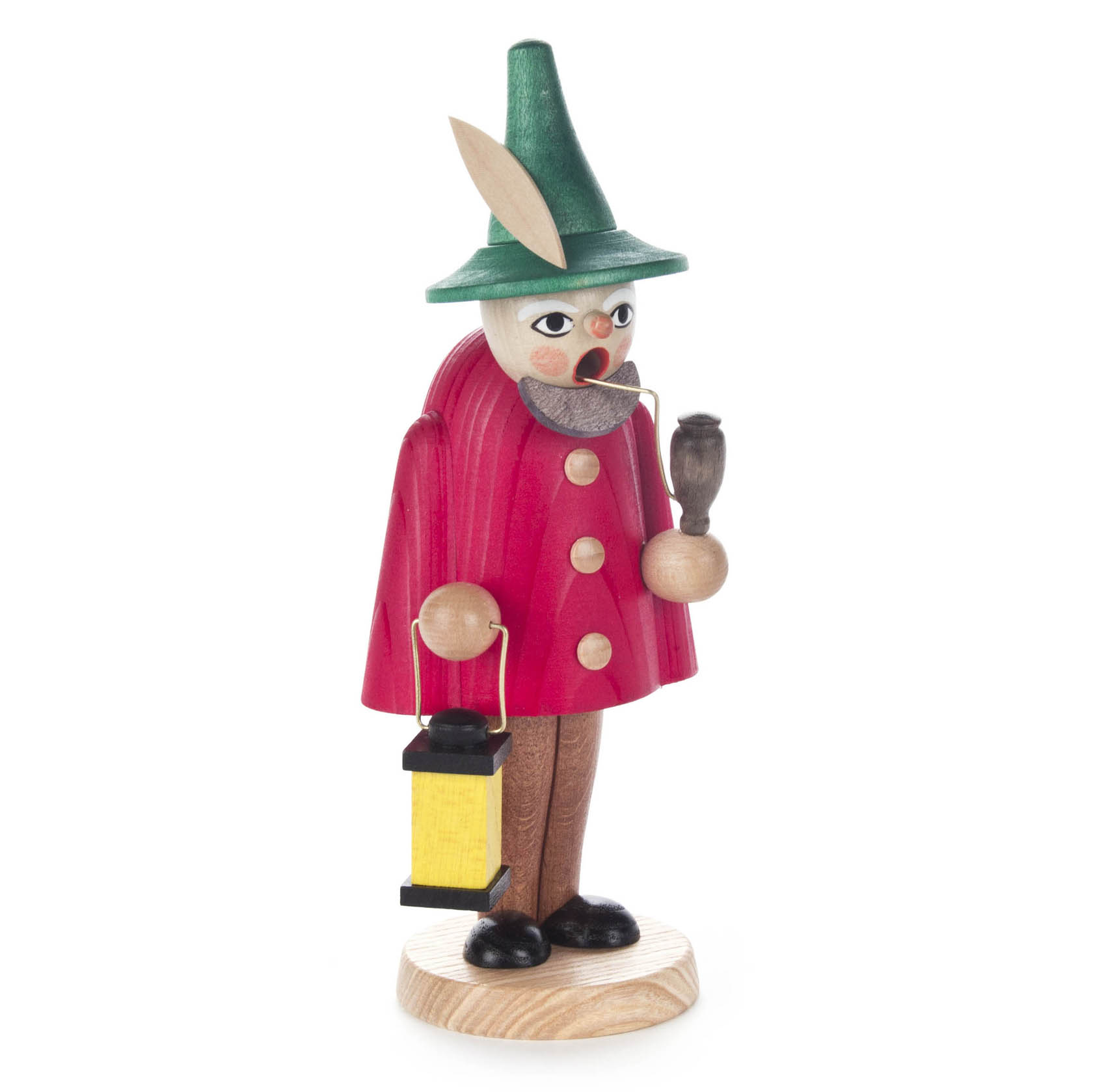 A small, colorful smoking man figurine with a green hat, red jacket, holding a pipe and a lantern.