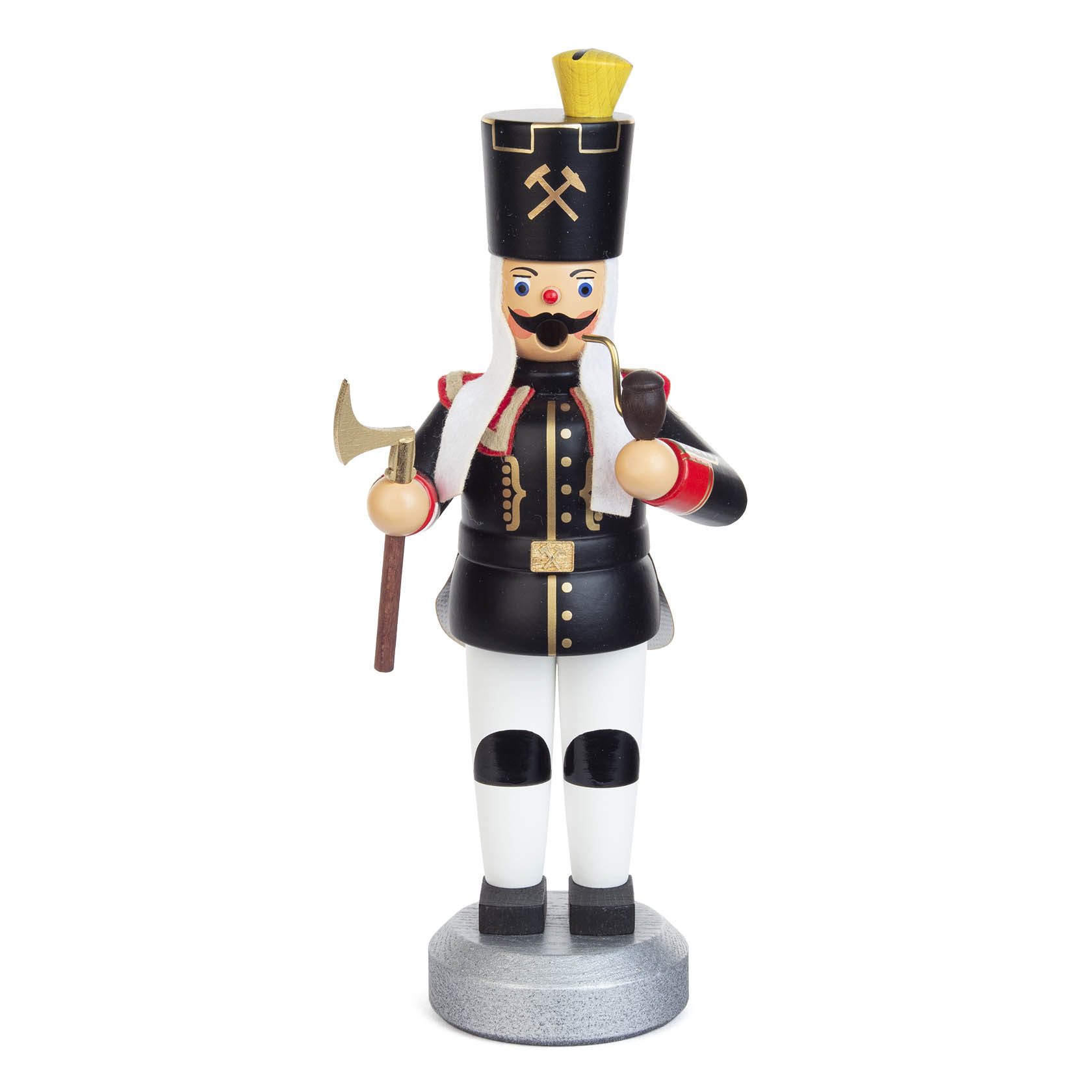 A traditional incense smoker figure resembling a miner in a formal uniform with a pickaxe, wearing a black hat, black jacket, white pants, and black boots. im Dregeno Online Shop günstig kaufen
