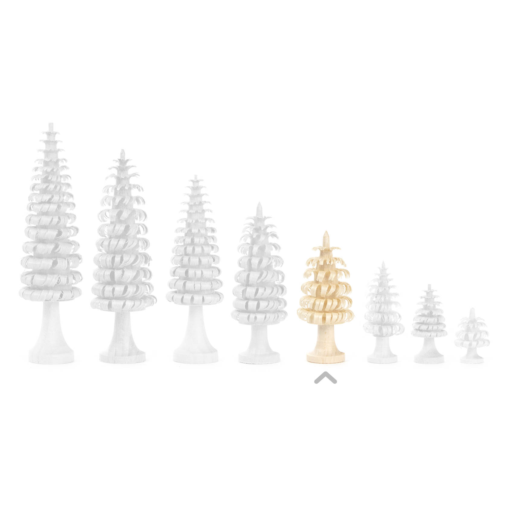 A set of eight ring tree models of varying sizes with spiral rings. All are white except for one natural wood-colored tree, third from the right.