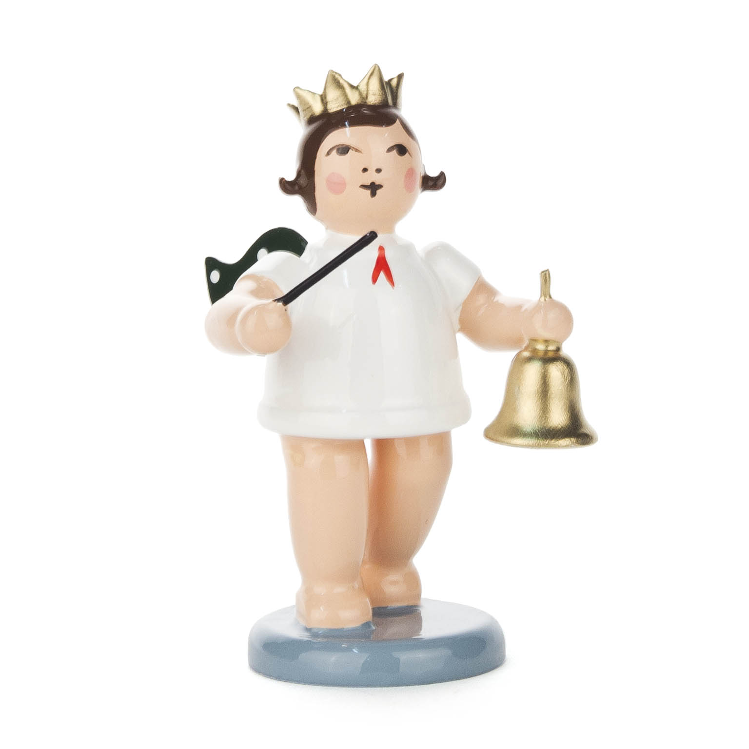 A small figurine of an angel with a golden crown holding a bell in one hand and a stick in the other, standing on a blue base. im Dregeno Online Shop günstig kaufen