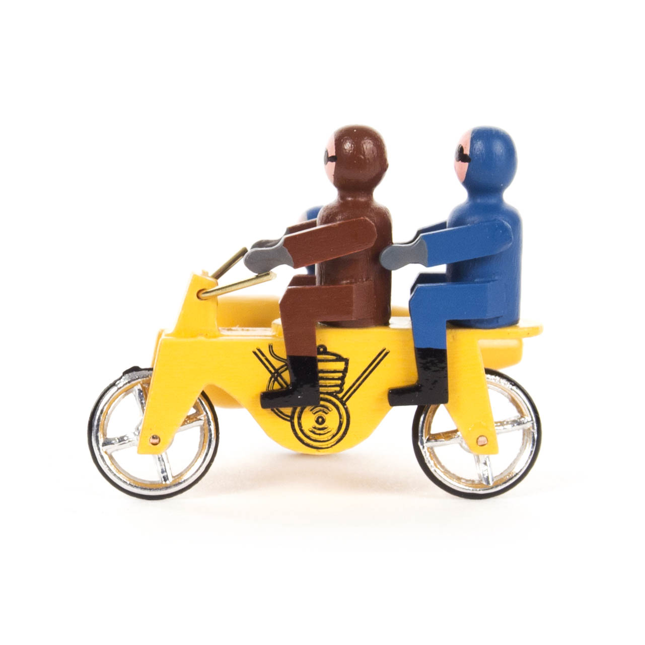 Yellow miniature two-seater motorcycle with sidecar, featuring two helmeted figures in brown and blue outfits.