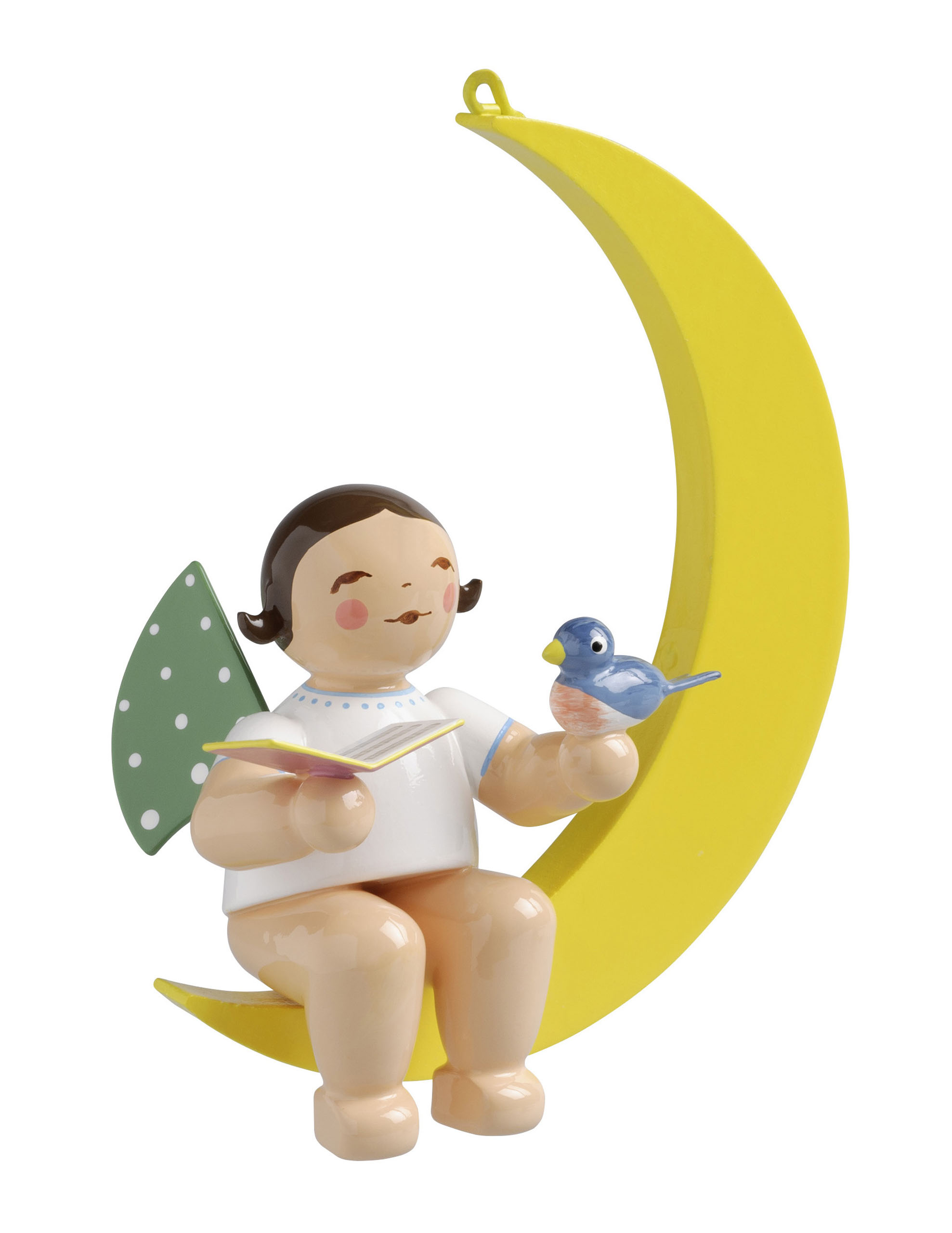 Ein Engel mit grün-gepunkteten Flügeln sitzt auf einer gelben Mondsichel und hält ein Liederbuch sowie einen blauen Vogel in den Händen. im Dregeno Online Shop günstig kaufen