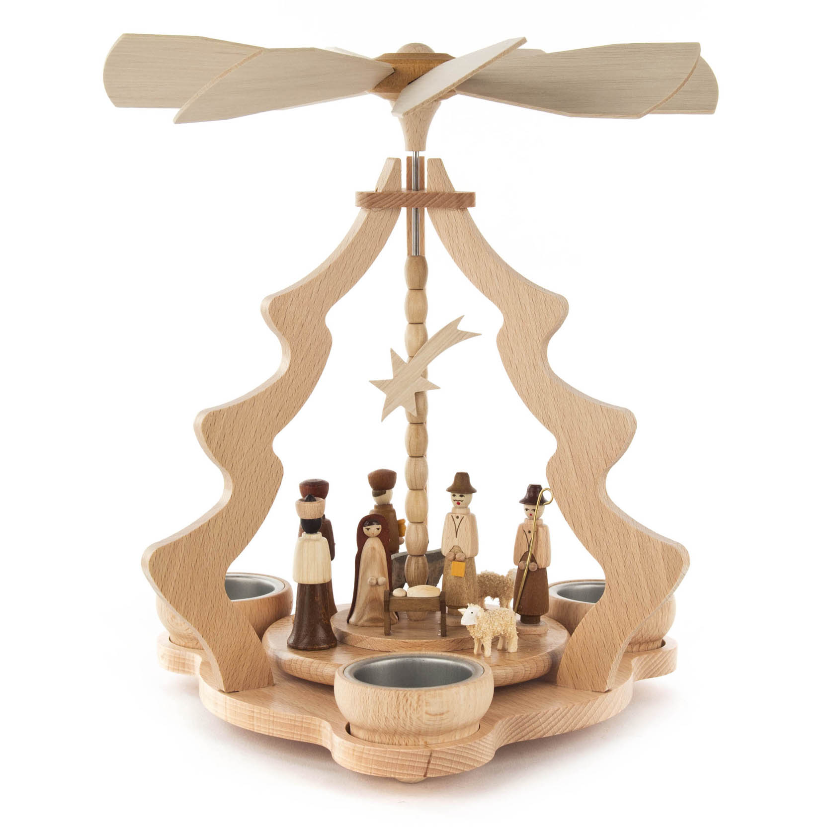 Holzpyramide mit Christi Geburt-Szene, Figuren aus Holz: Maria, Josef, Jesuskind, Engel, Hirte, Schafe; Teelichthalter; oben Flügel zum Drehen. im Dregeno Online Shop günstig kaufen