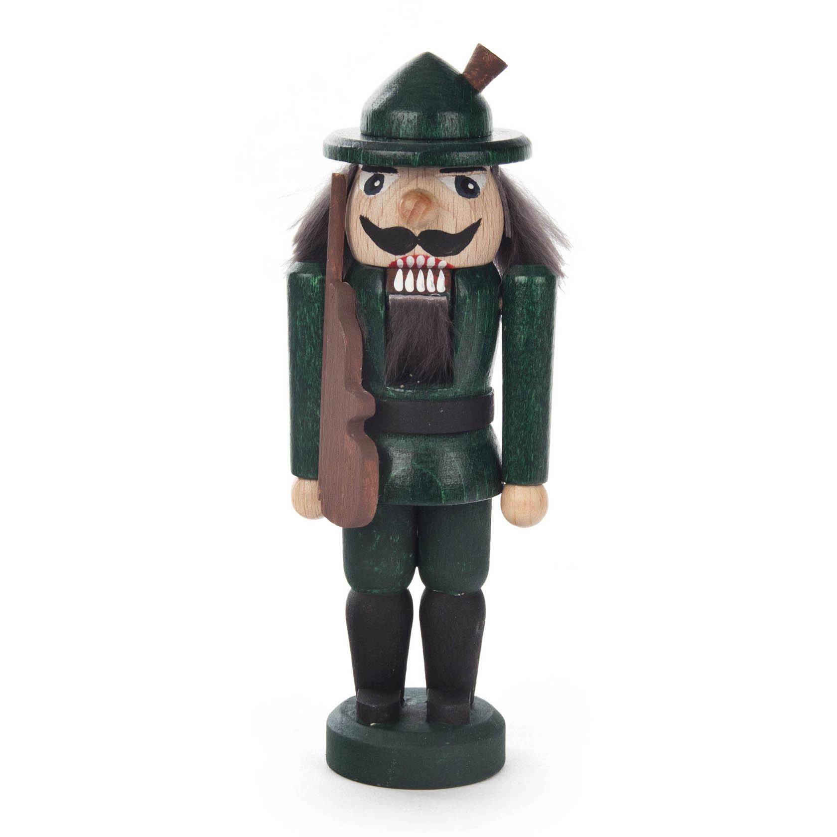 Ein grüner Nussknacker in Form eines Jägers mit einem Gewehr und Hut. im Dregeno Online Shop günstig kaufen