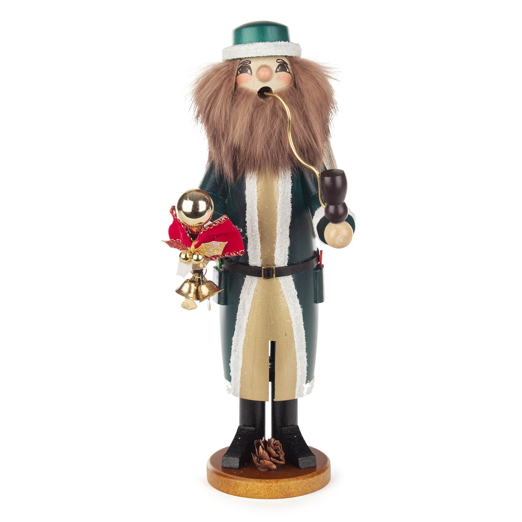 A wooden smoker figure of an Irish Santa Claus with a green coat, bushy beard, holding a pipe and a bunch of bells with red ribbon. im Dregeno Online Shop günstig kaufen