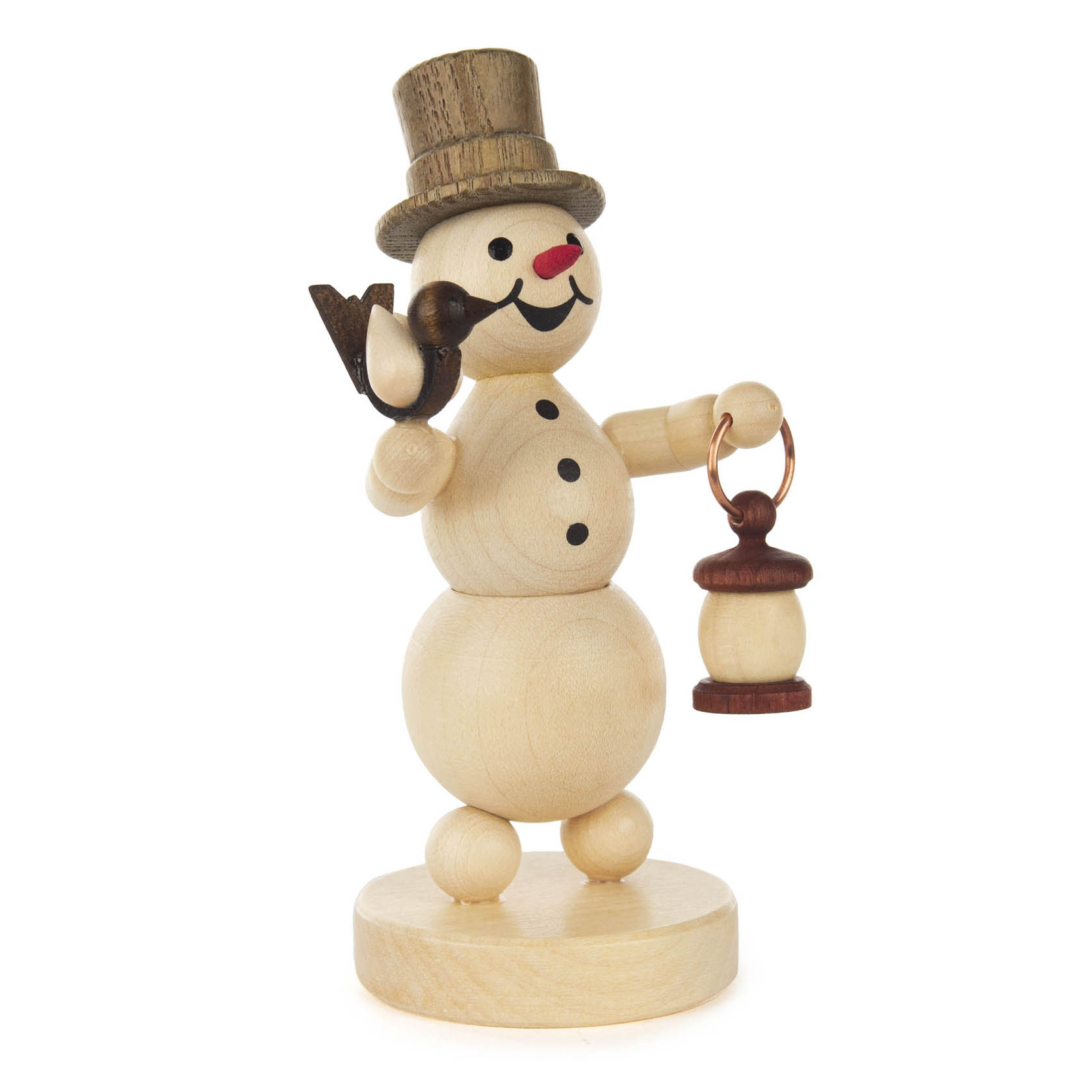 A wooden snowman figurine holding a lantern in one hand and a bird on the other. It has a top hat and a smiling face with a red nose. im Dregeno Online Shop günstig kaufen