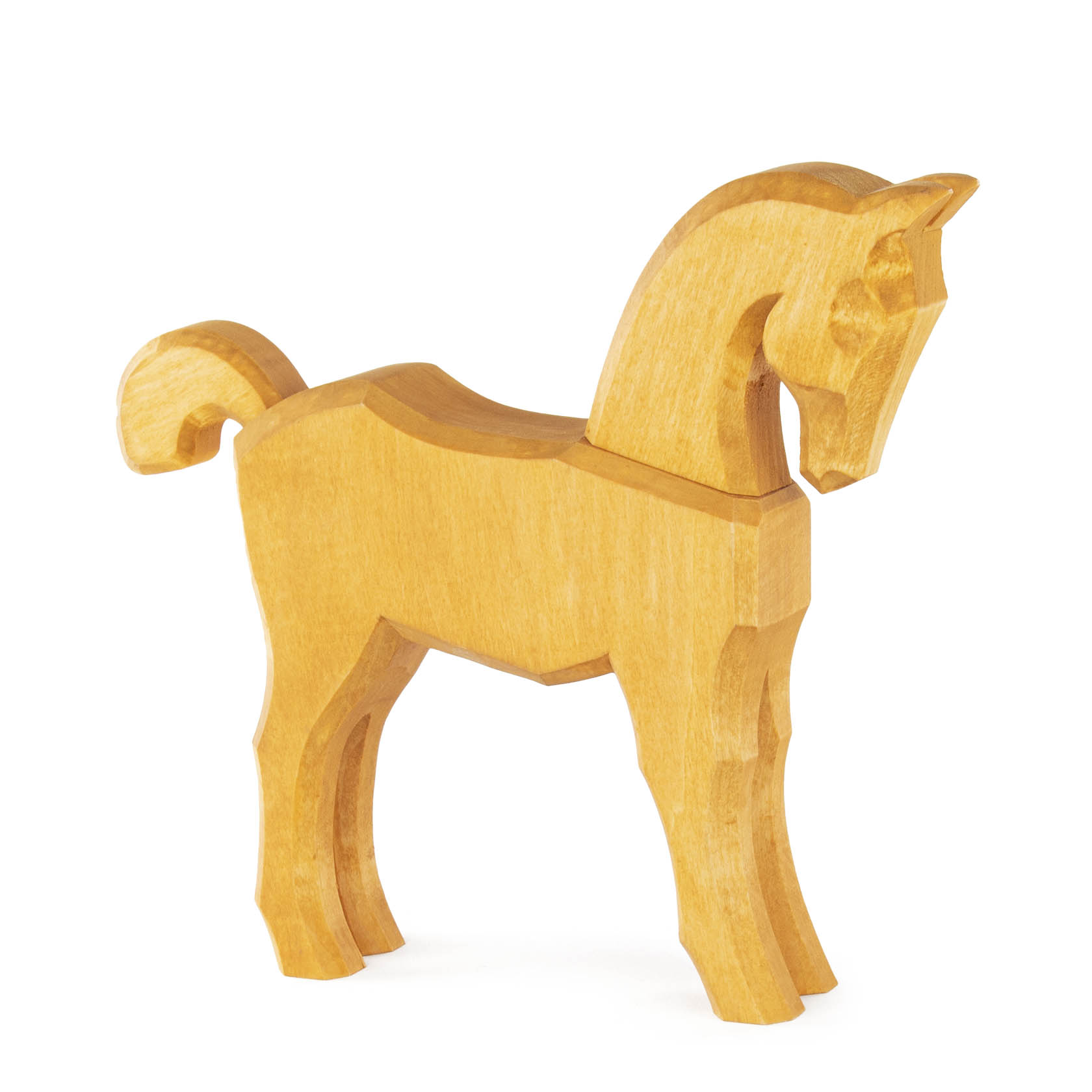 Holzpferd Zorya in Gelb, ohne Mähne, mit erhobenem Kopf und leicht gebogenem Schweif. im Dregeno Online Shop günstig kaufen