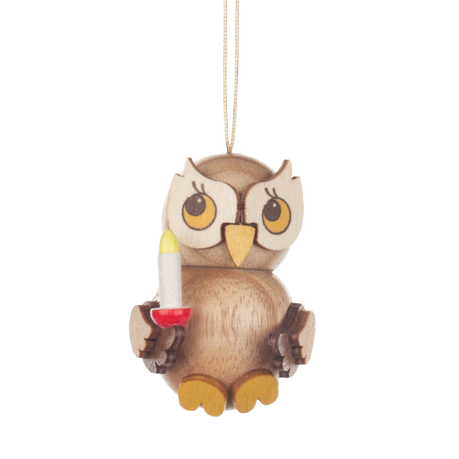 Holzeule mit großen Augen hält eine kleine Kerze in einem roten Kerzenhalter. Sie hat ein freundliches Aussehen und hängt an einer Schnur. im Dregeno Online Shop günstig kaufen