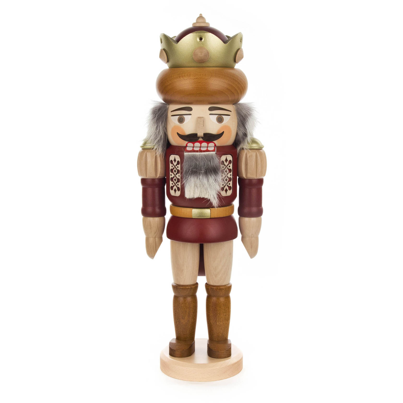 A 41cm tall nutcracker king with a natural wood finish and brown highlights, wearing a golden crown and decorative attire, with a classic beard. im Dregeno Online Shop günstig kaufen