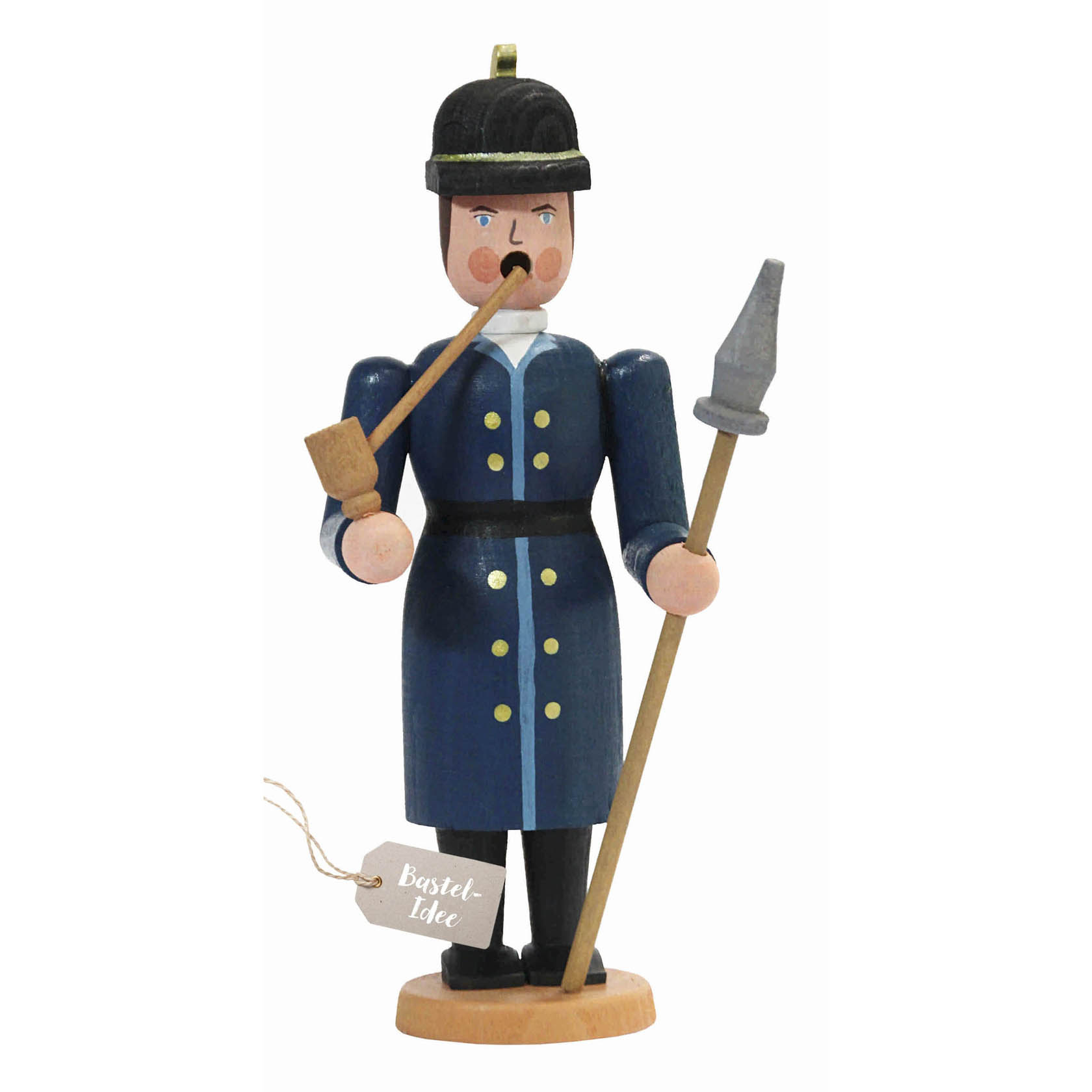 Wooden incense smoker set depicting a firefighter in a blue uniform and helmet, holding a pipe and a fireman's axe with a tag 'Bastel-Idee'. im Dregeno Online Shop günstig kaufen