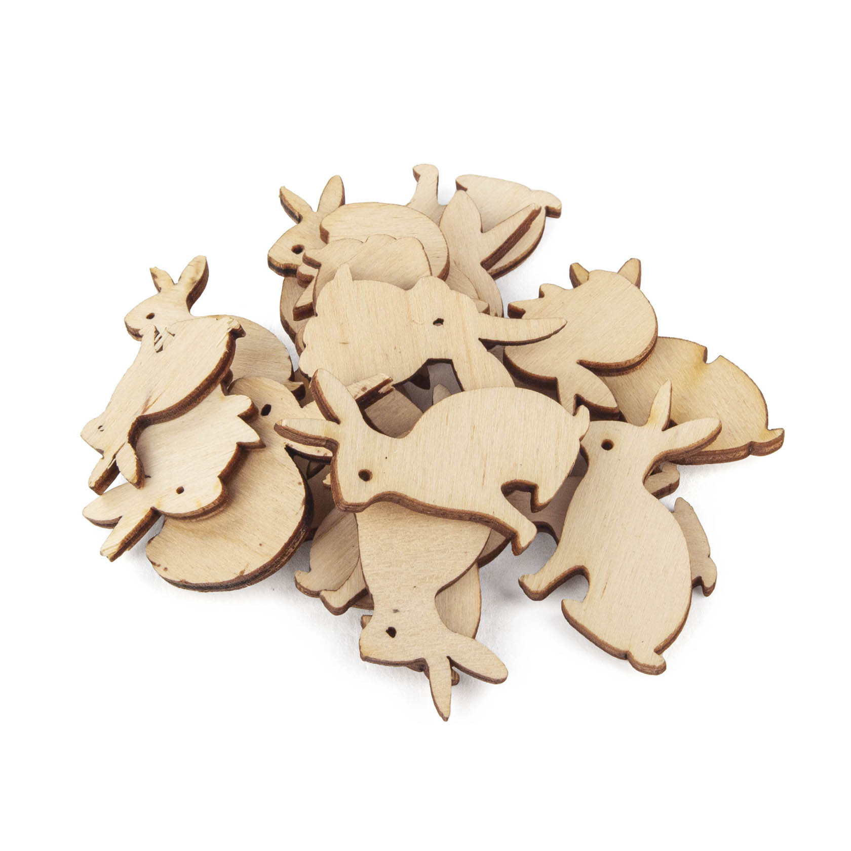 A pile of small, flat, wooden rabbit cutouts designed as decorative scatter items. im Dregeno Online Shop günstig kaufen